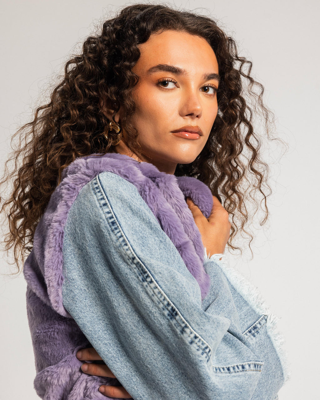 Lilac Denim Sleeves Fur Jacket