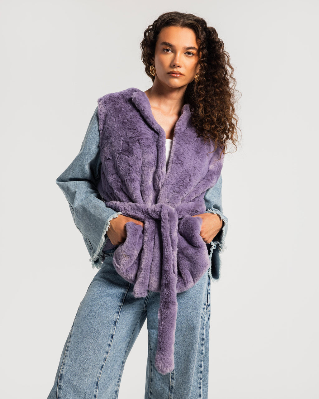 Lilac Denim Sleeves Fur Jacket