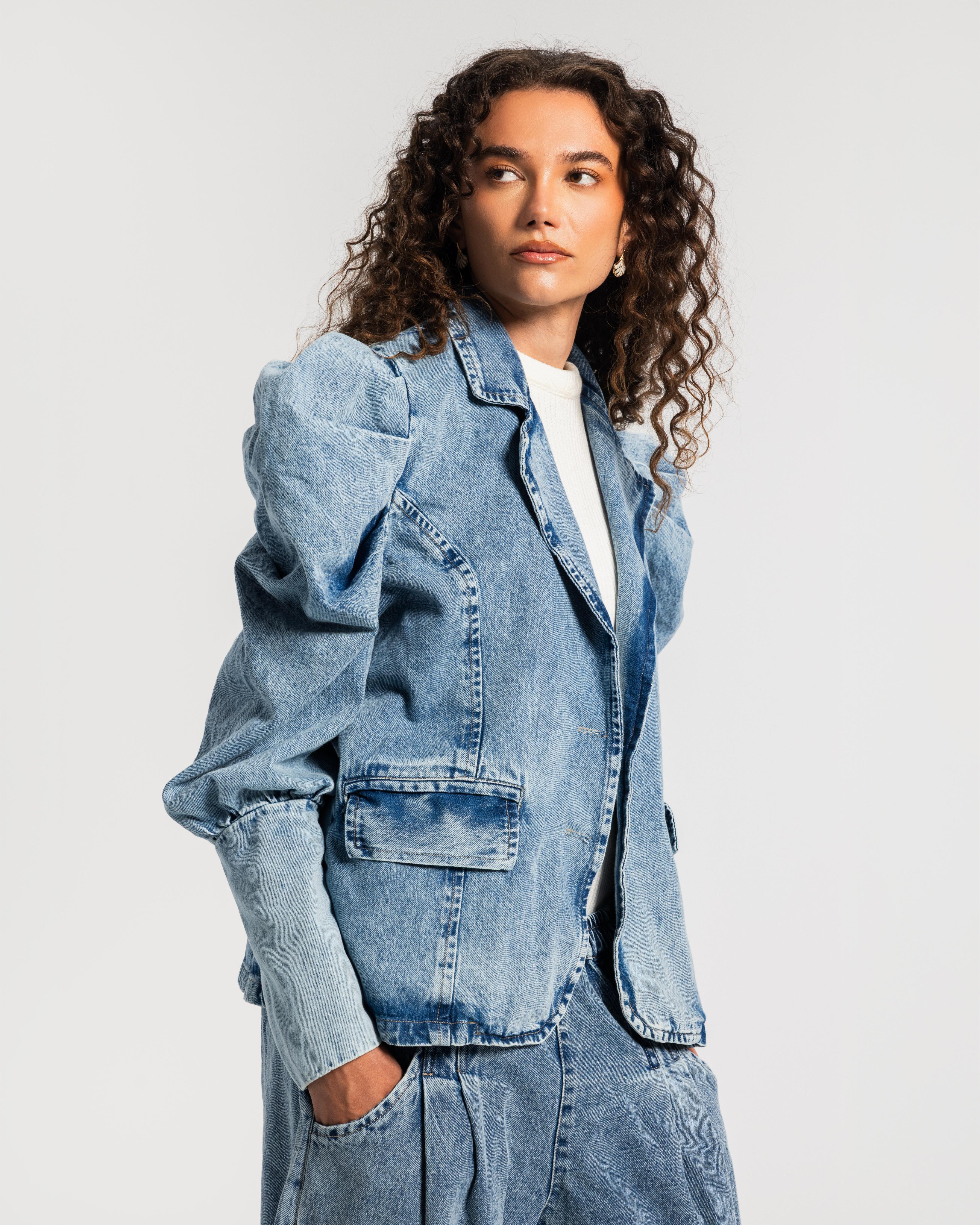 Blue Gathered Sleeves Denim Jacket