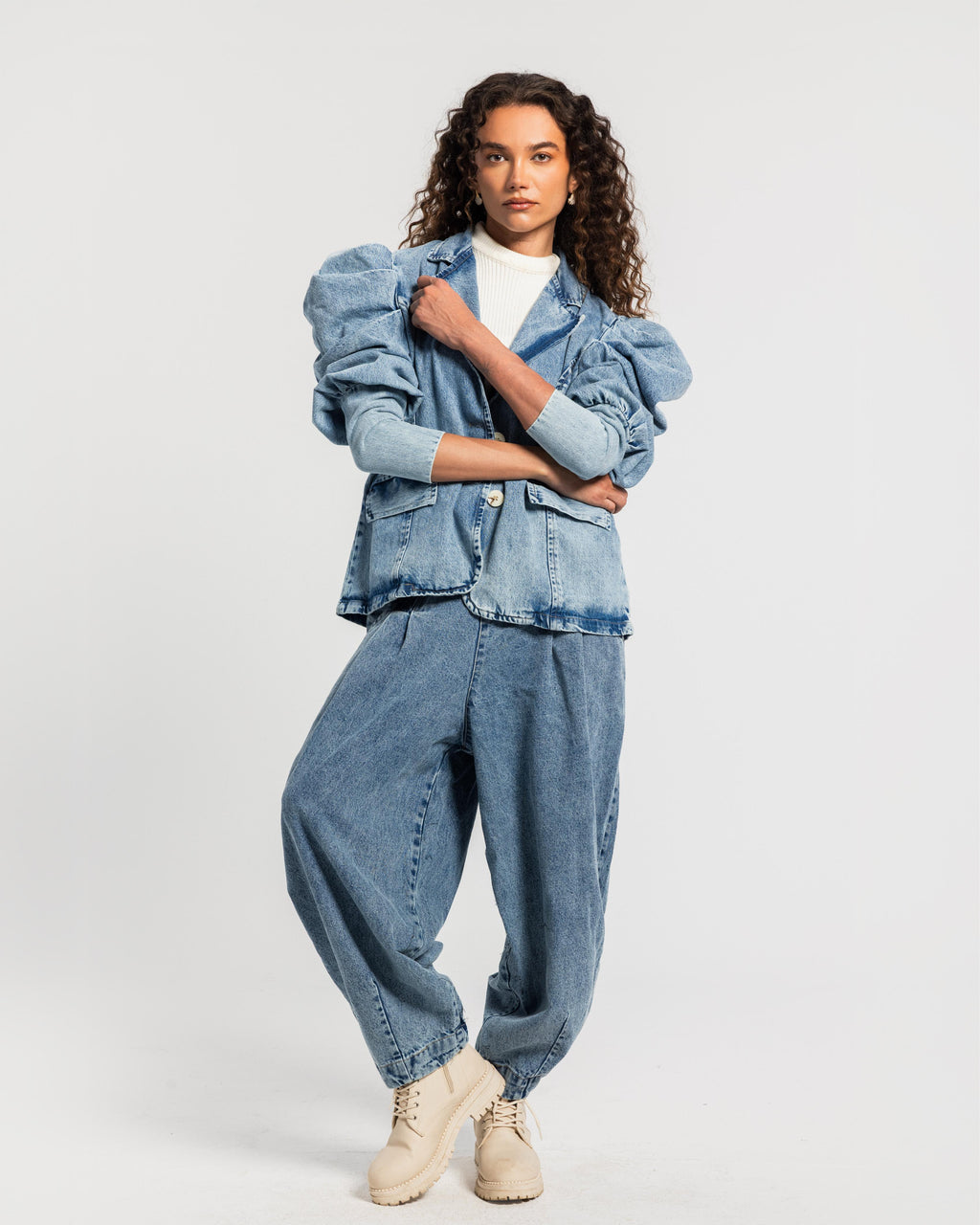 Blue Gathered Sleeves Denim Jacket