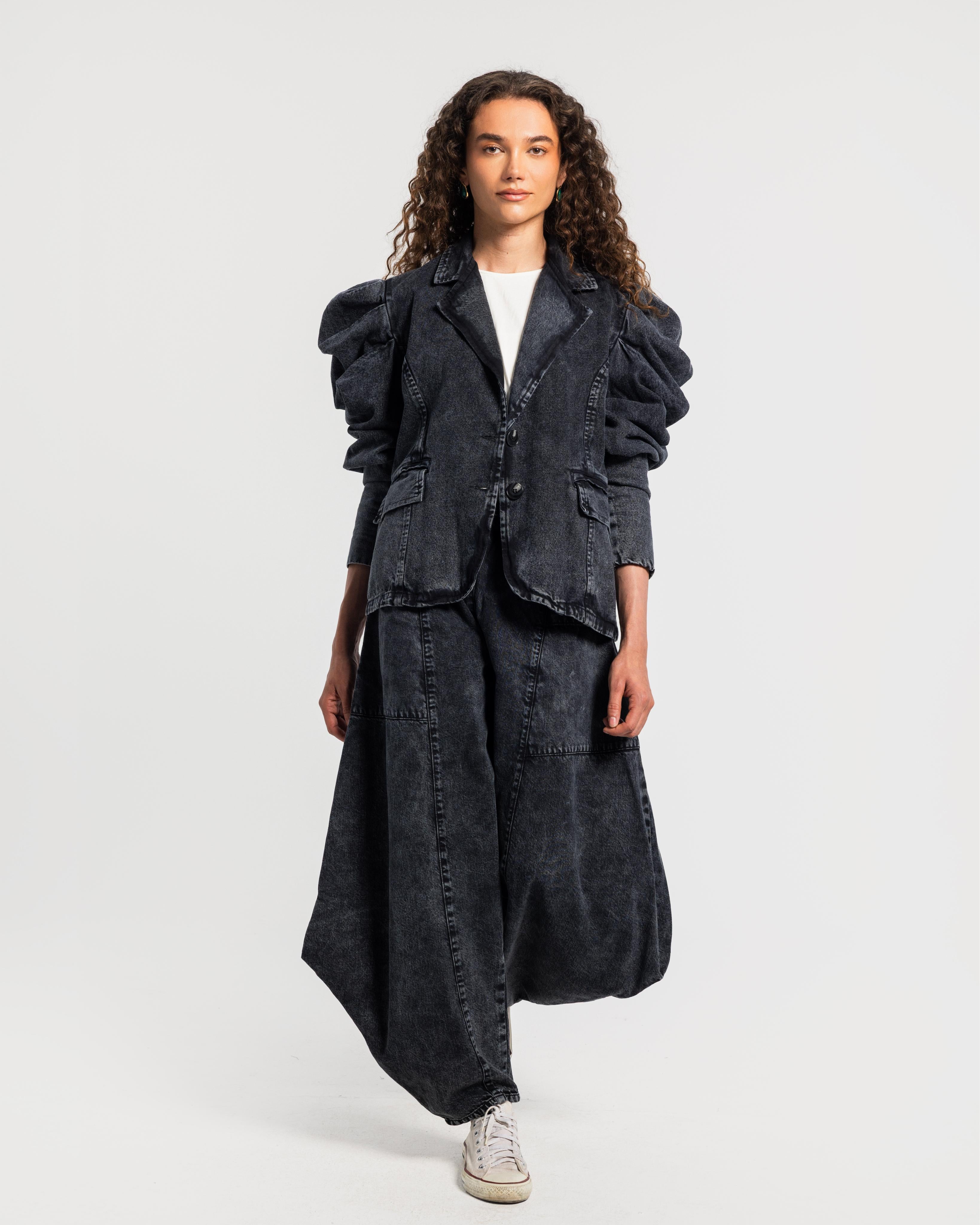 Black Gathered Sleeves Denim Jacket