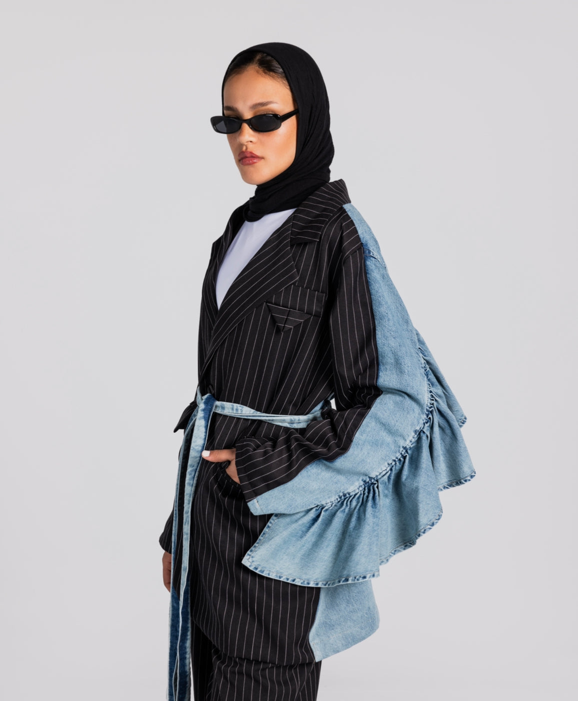 Stripped Ruffled Denim Jacket