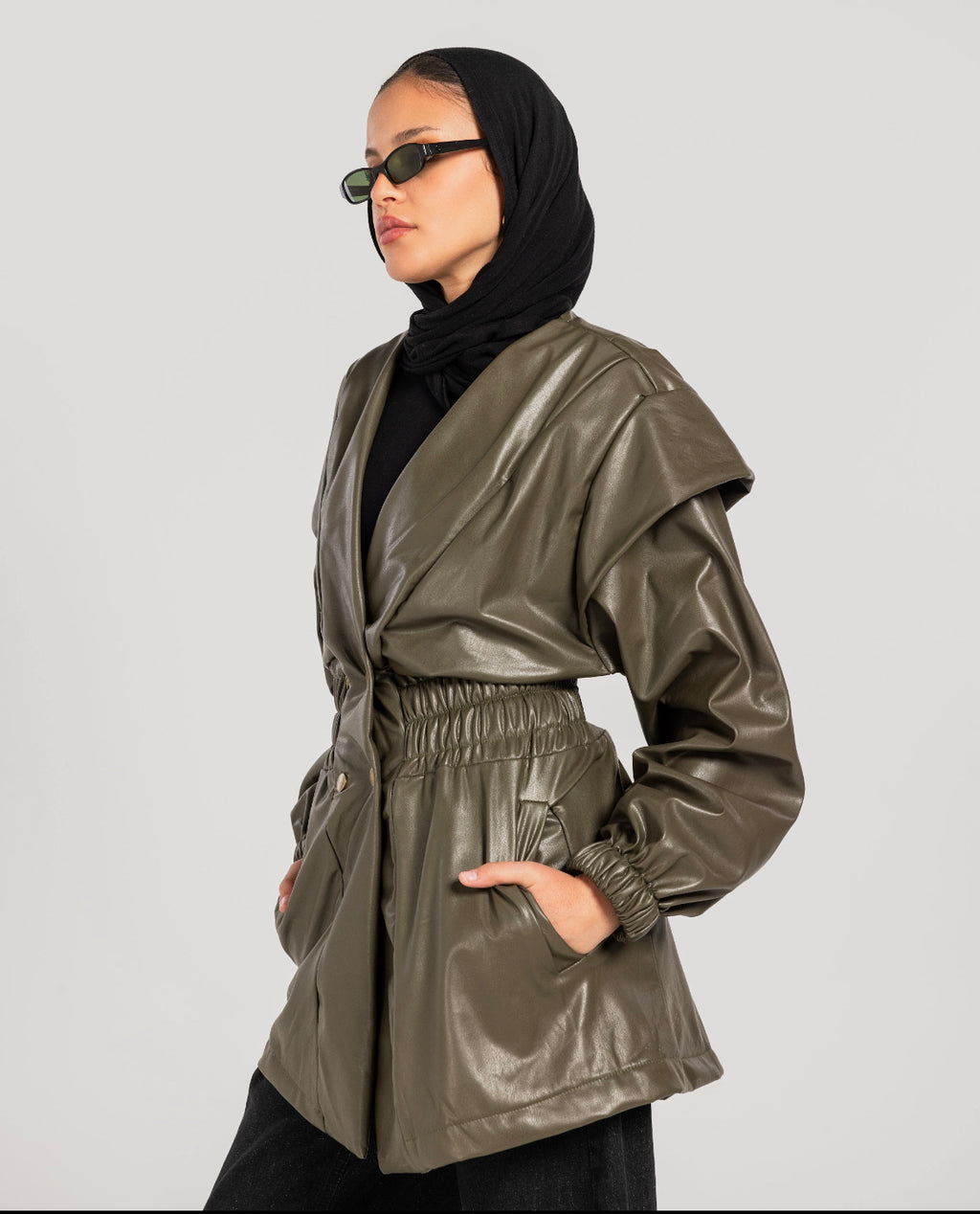 Olive Drop Shoulders Leather Jacket