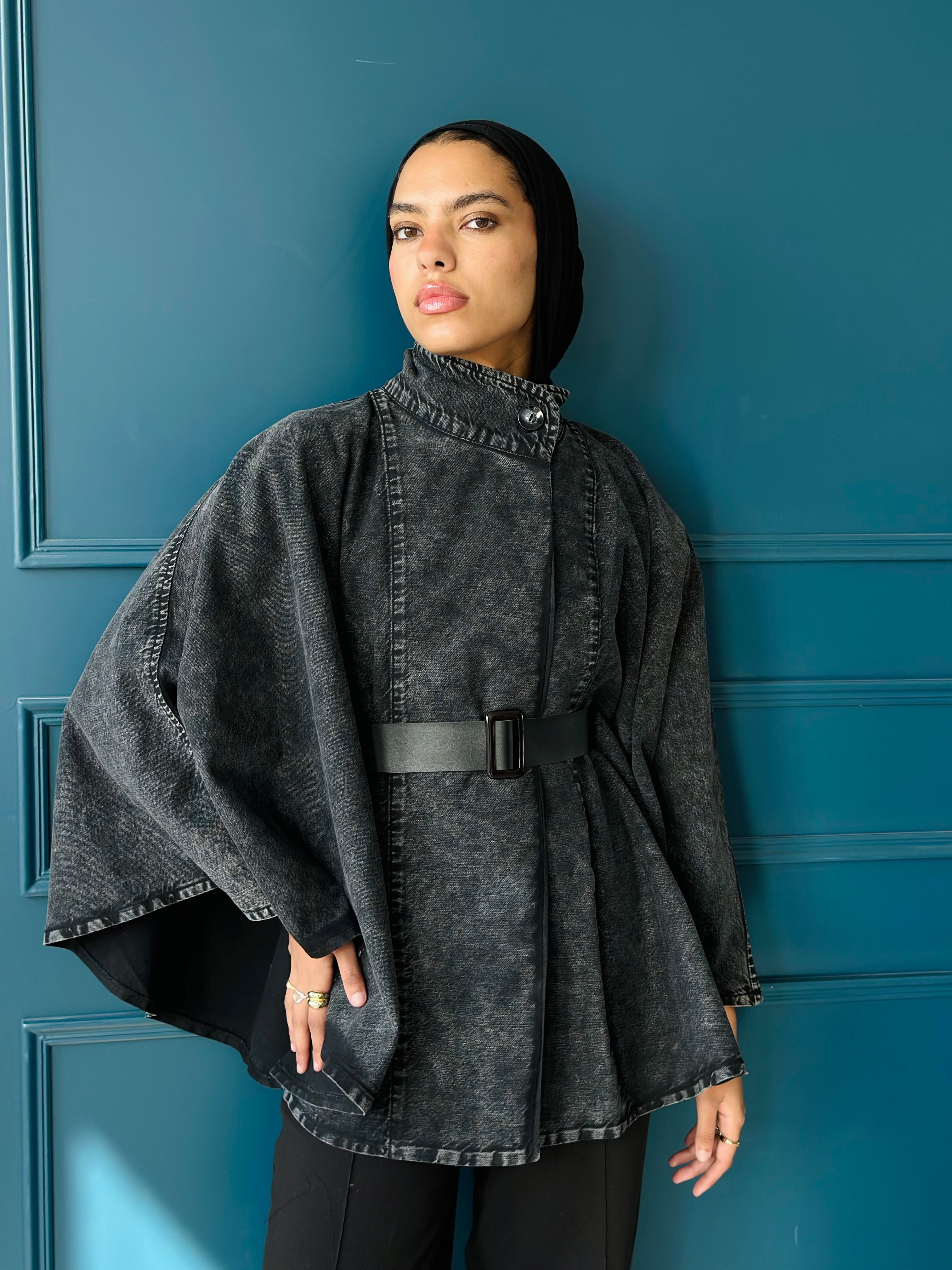 Washed Black Belted Denim Cape.