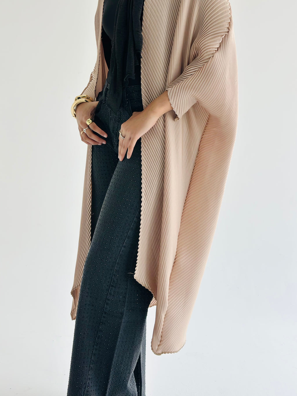 Shimmery Beige Pleated Cardigan