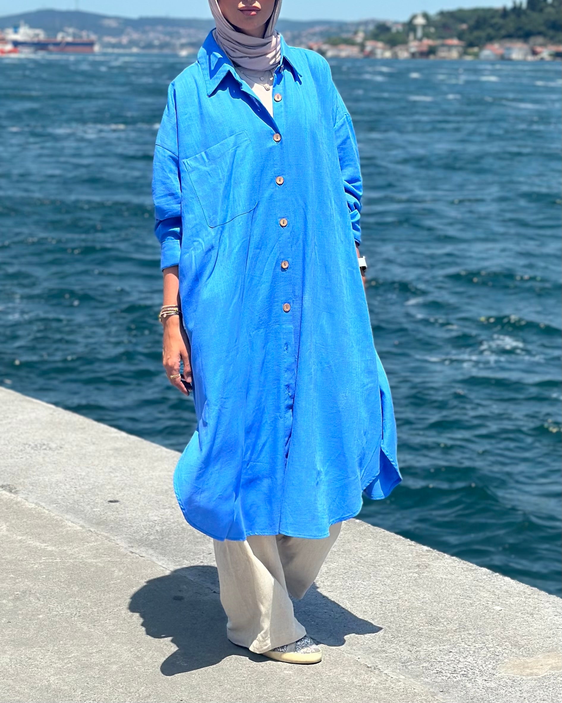 Blue Long Line Linen Shirt