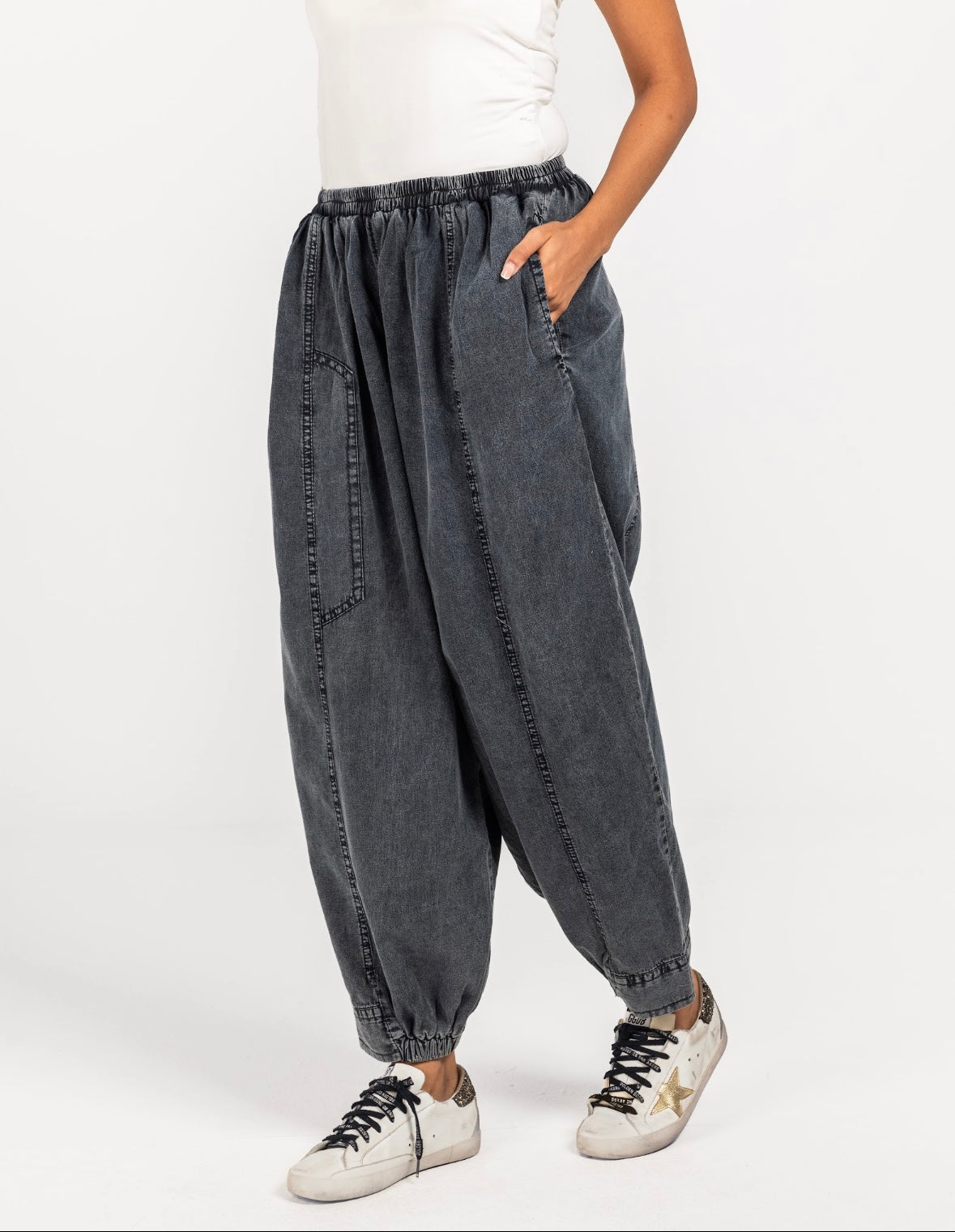 Washed Black Denim Balloon Pants