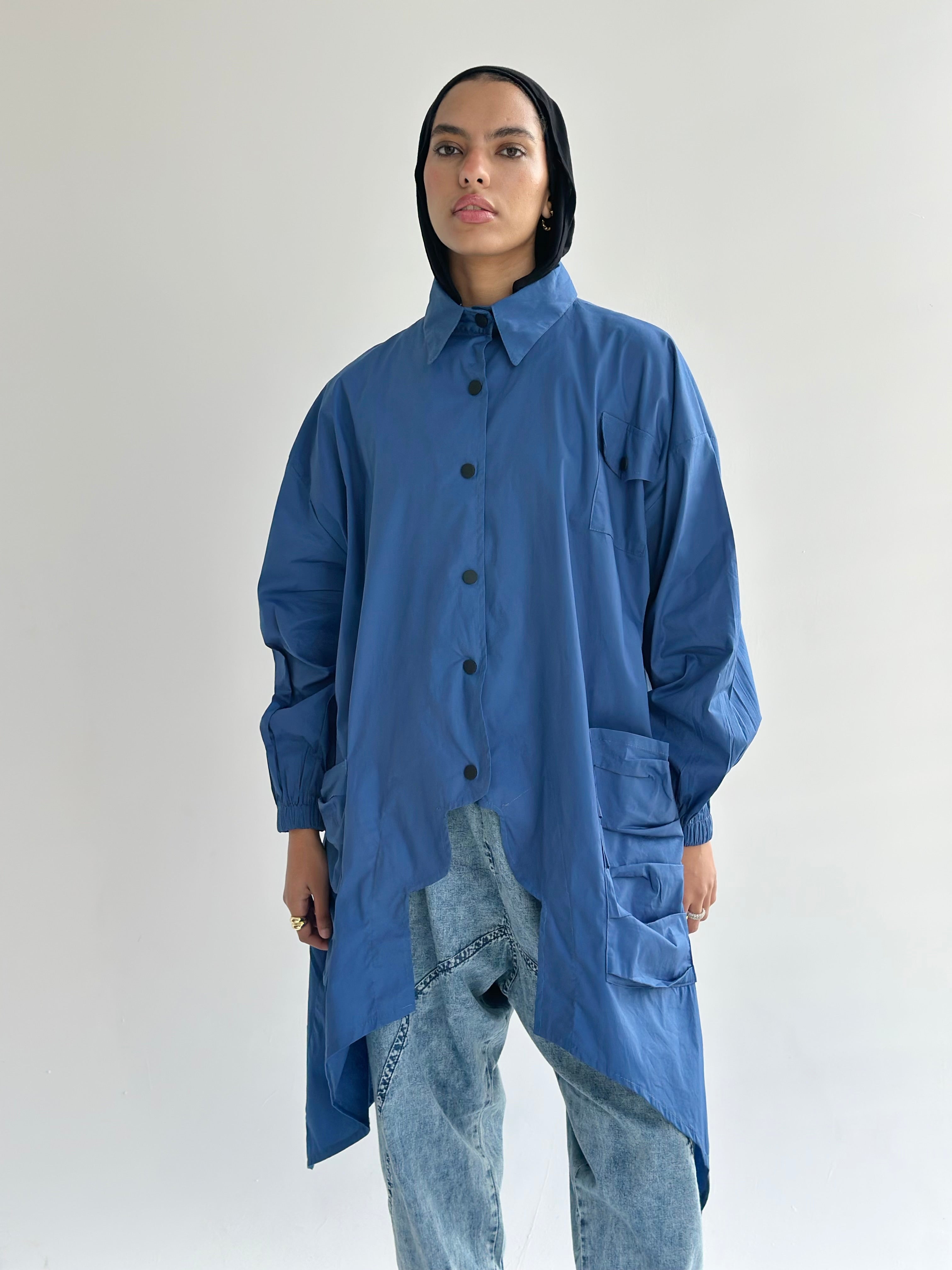 Blue Big Pockets Poplin Shirt