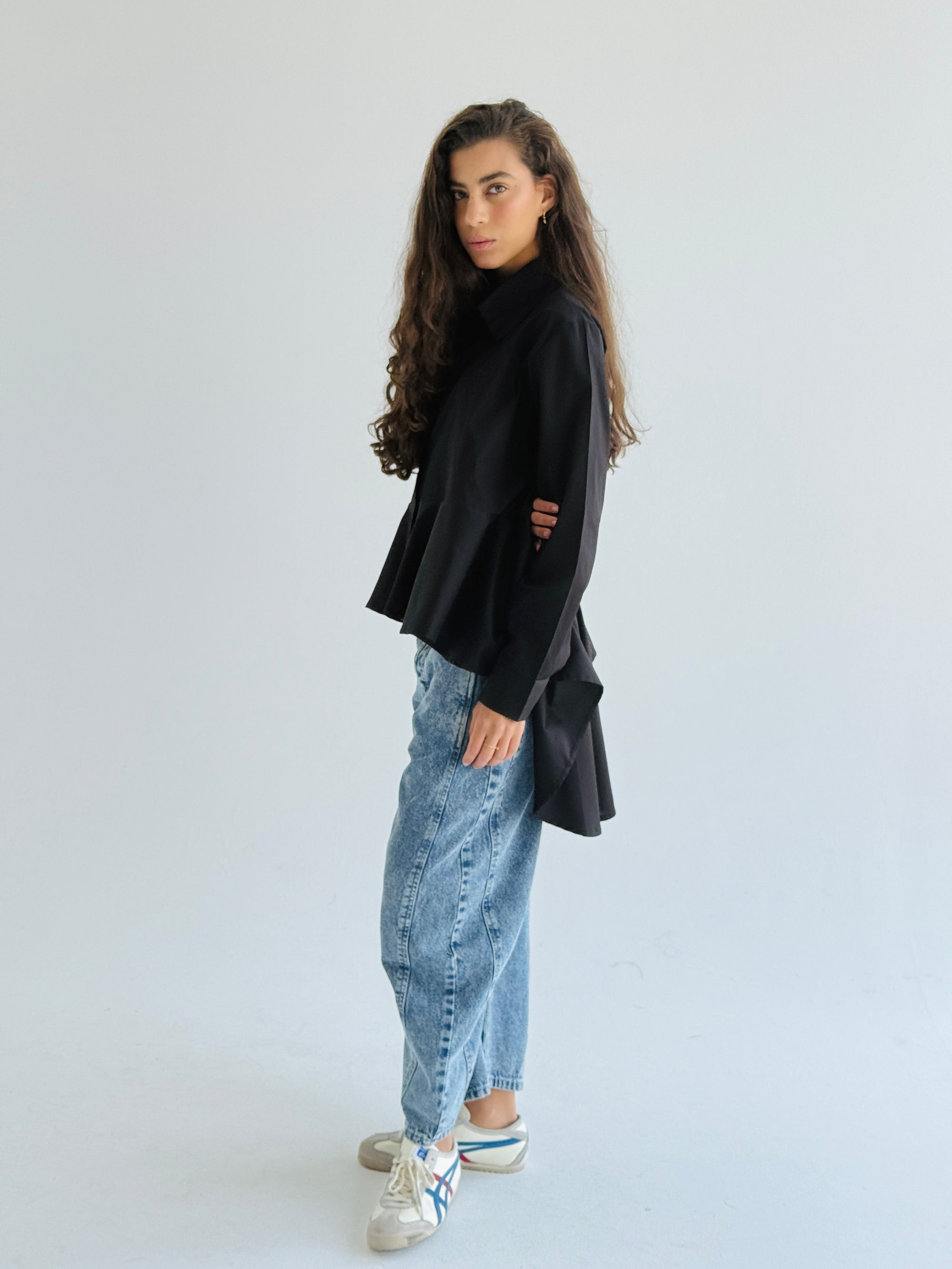 Black Round Ruffled Poplin Shirt