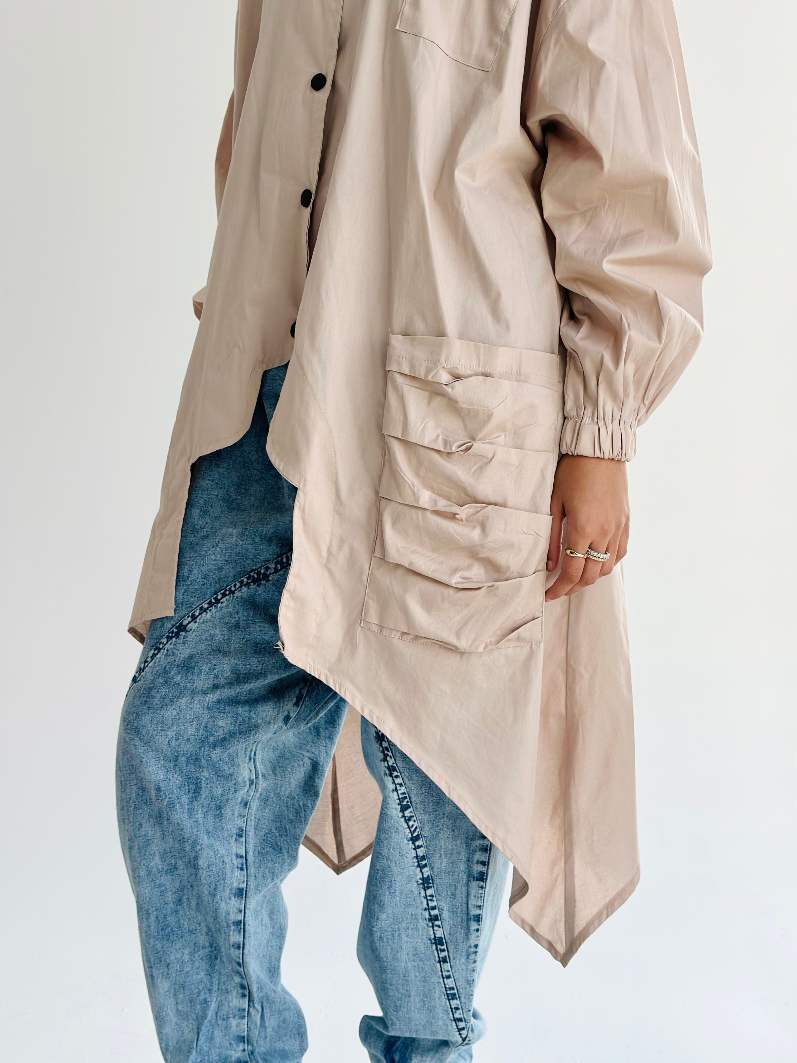 Beige Big Pockets Poplin Shirt