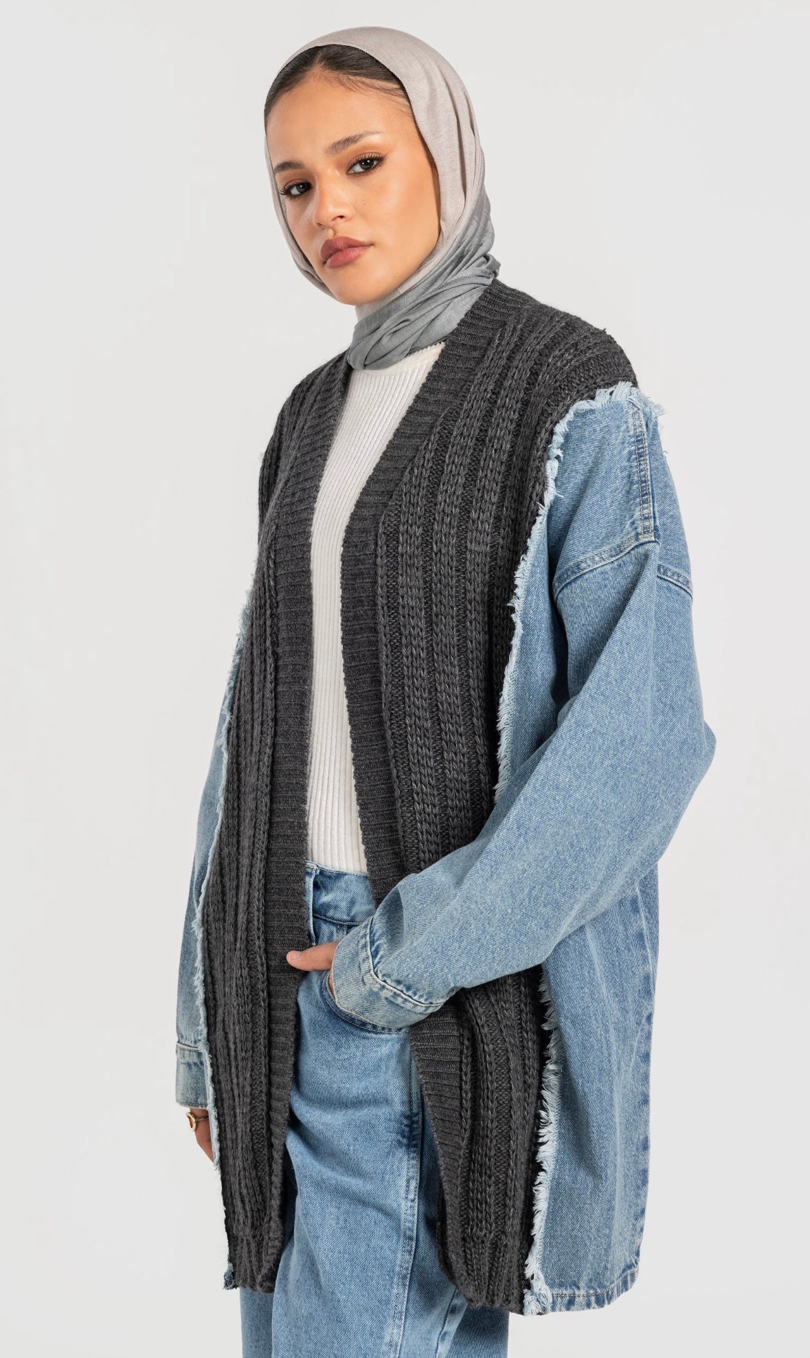 Grey Denim x Knit Cardigan