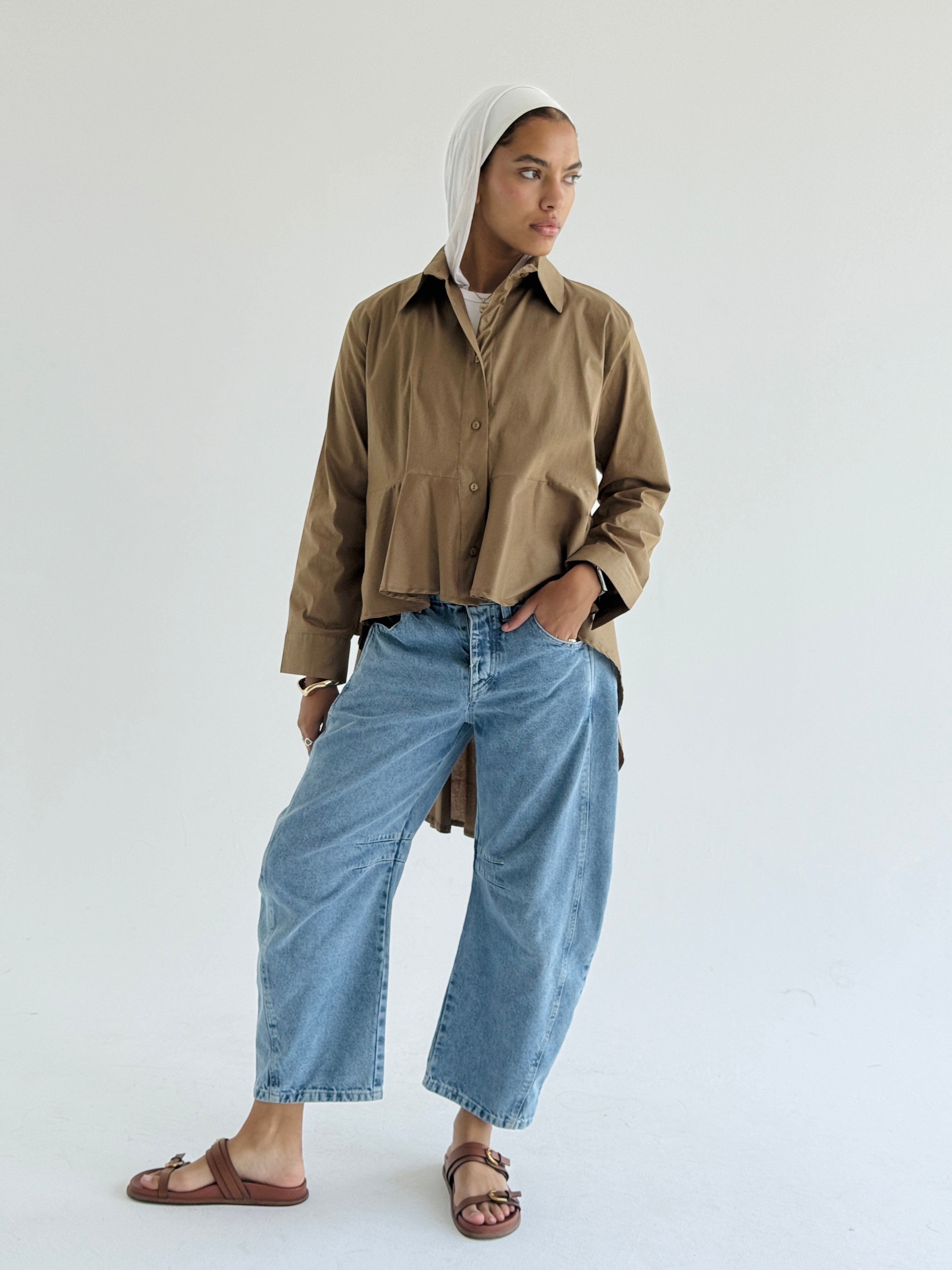 Brown Round Ruffled Poplin Shirt