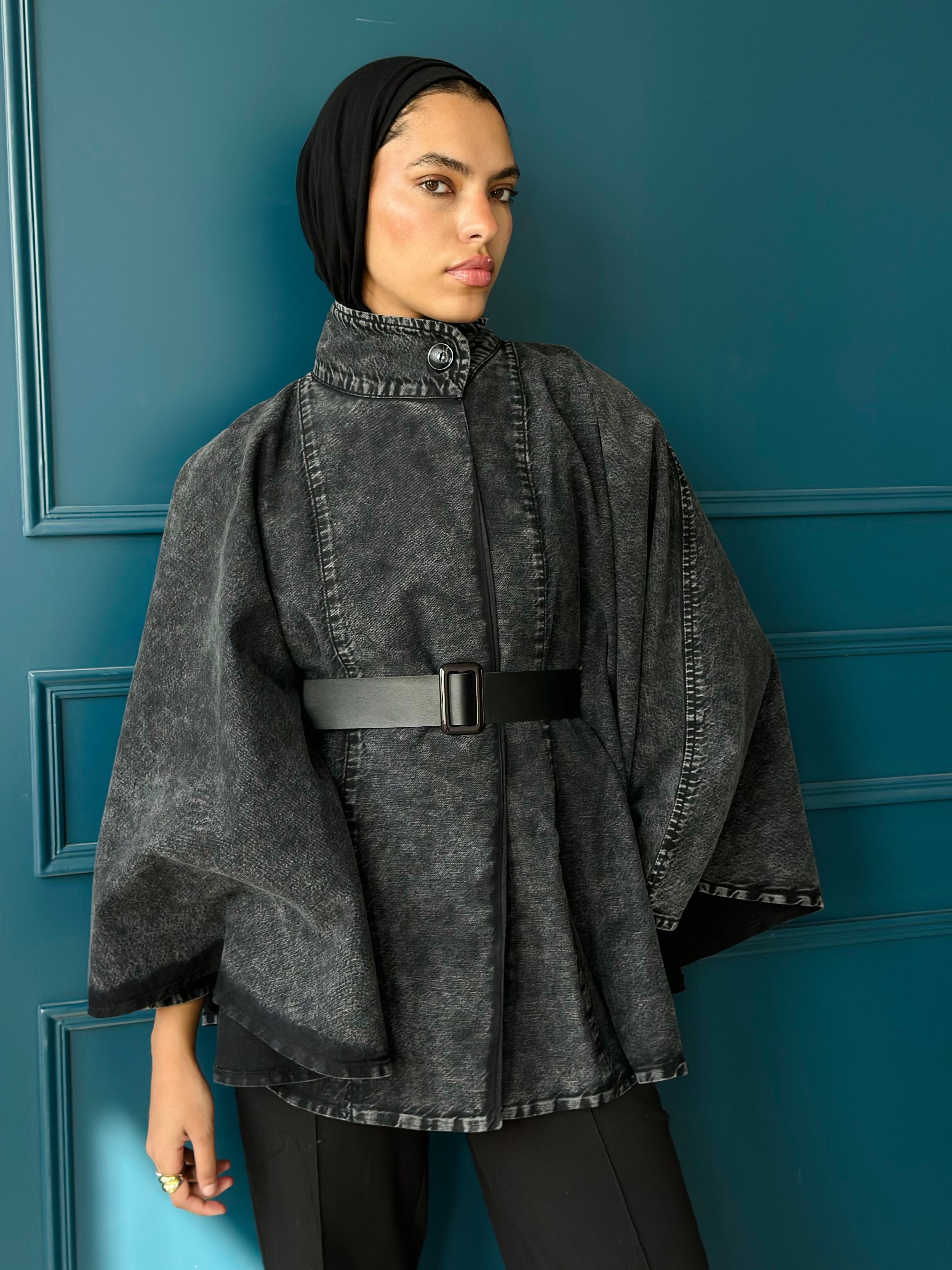 Washed Black Belted Denim Cape.