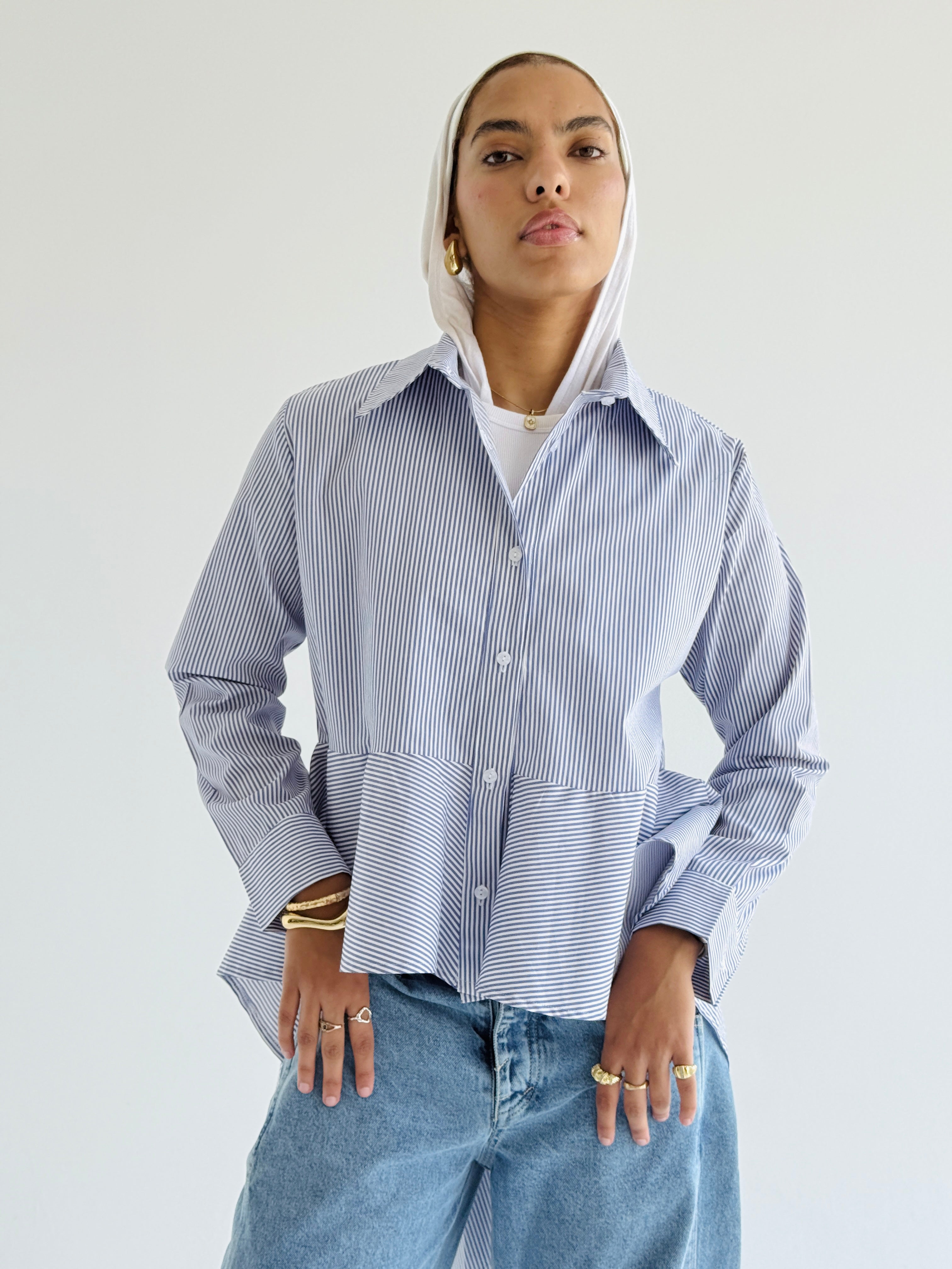 Striped Blue Round Ruffled Poplin Shirt