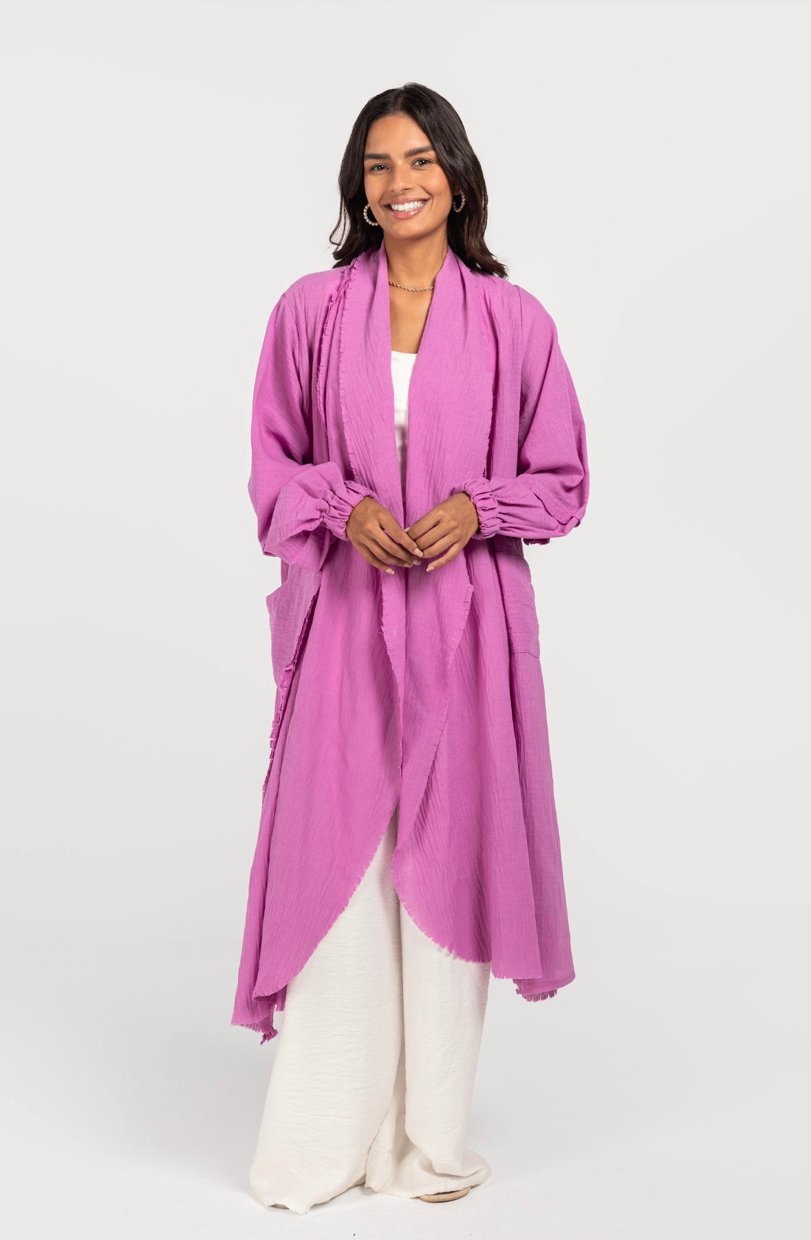 Pinkish Linen Fringes Cardigan
