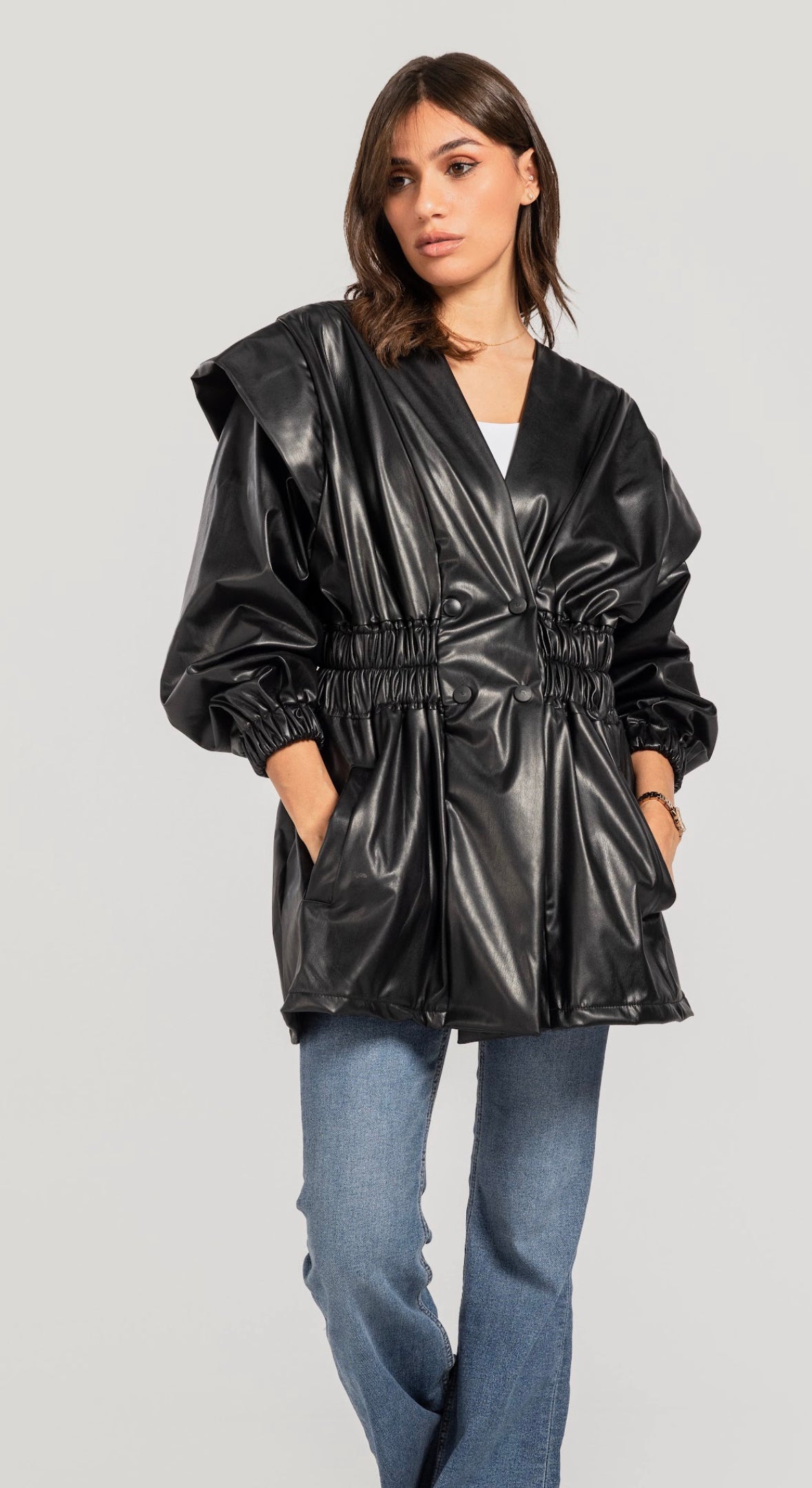 Black Drop Shoulders Leather Jacket