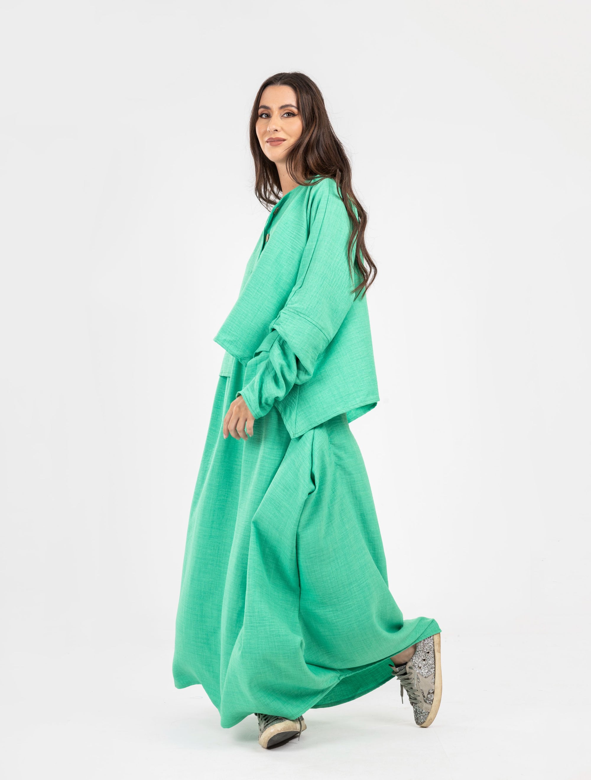 Green Crumbled Skirt Set