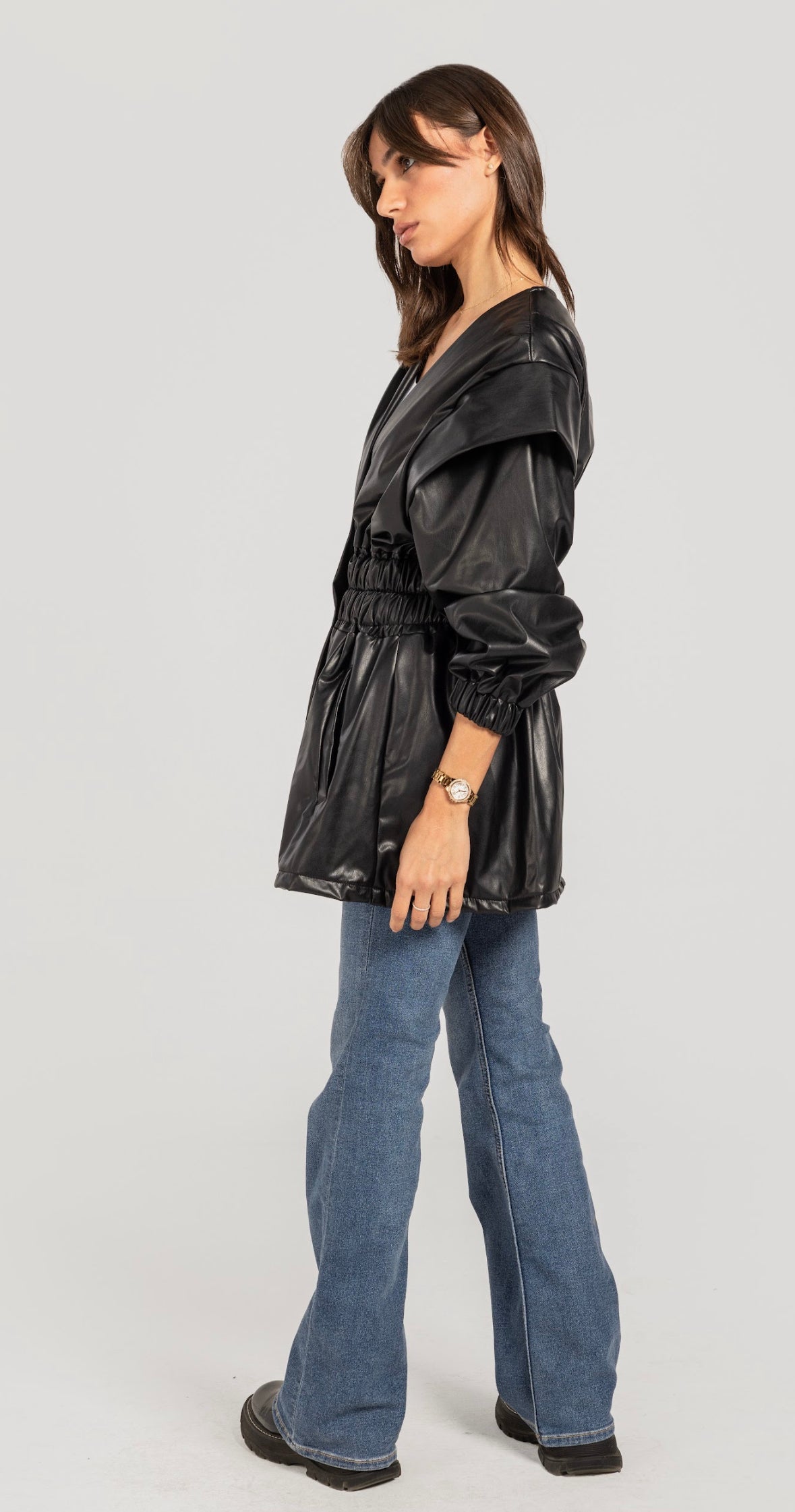 Black Drop Shoulders Leather Jacket