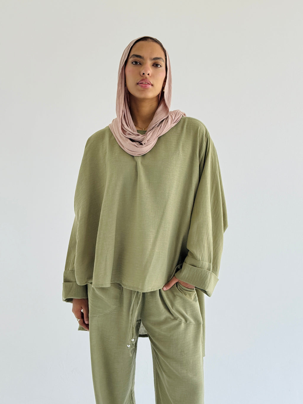 Olive High Low Linen Set
