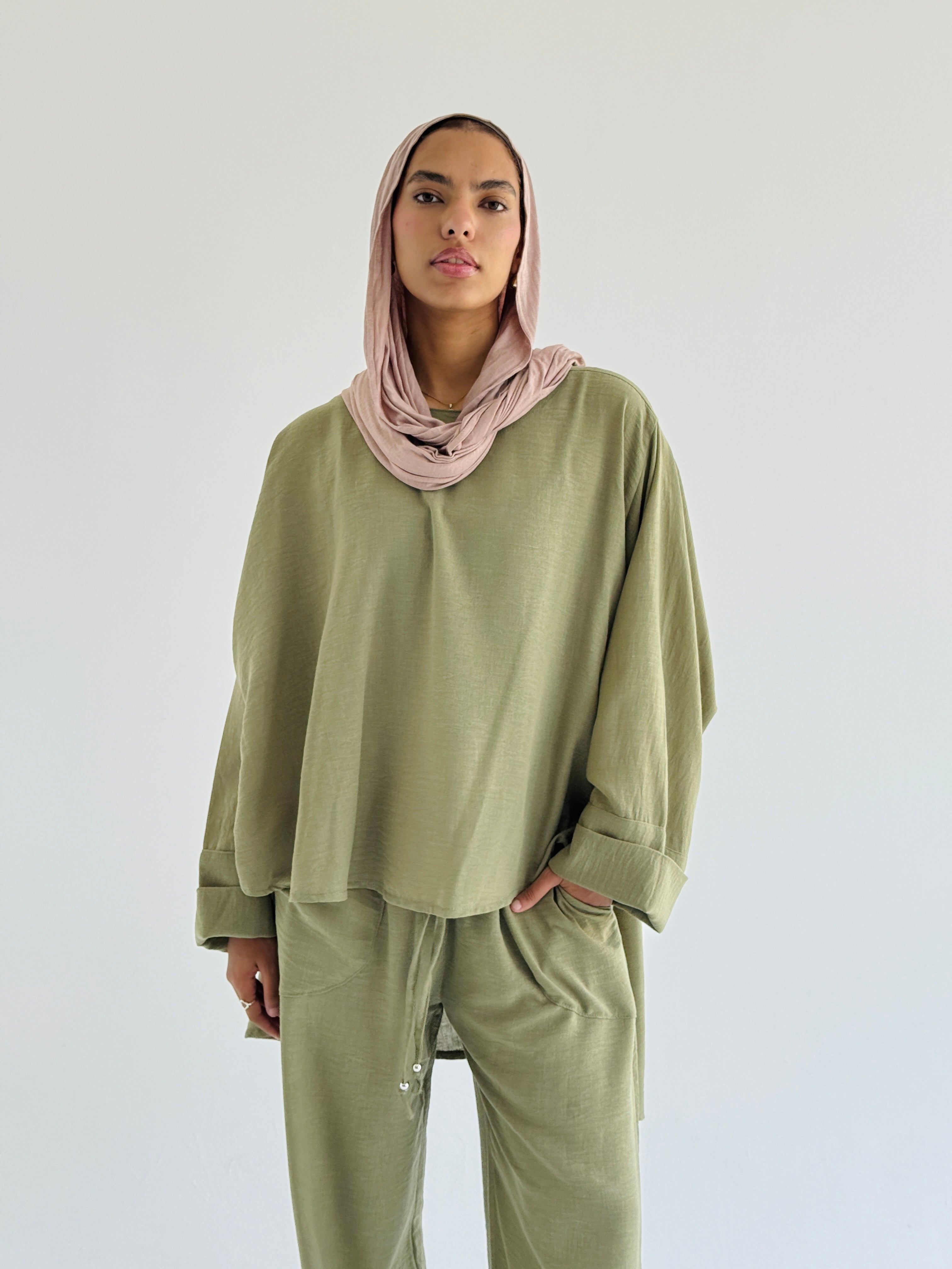 Olive High Low Linen Set