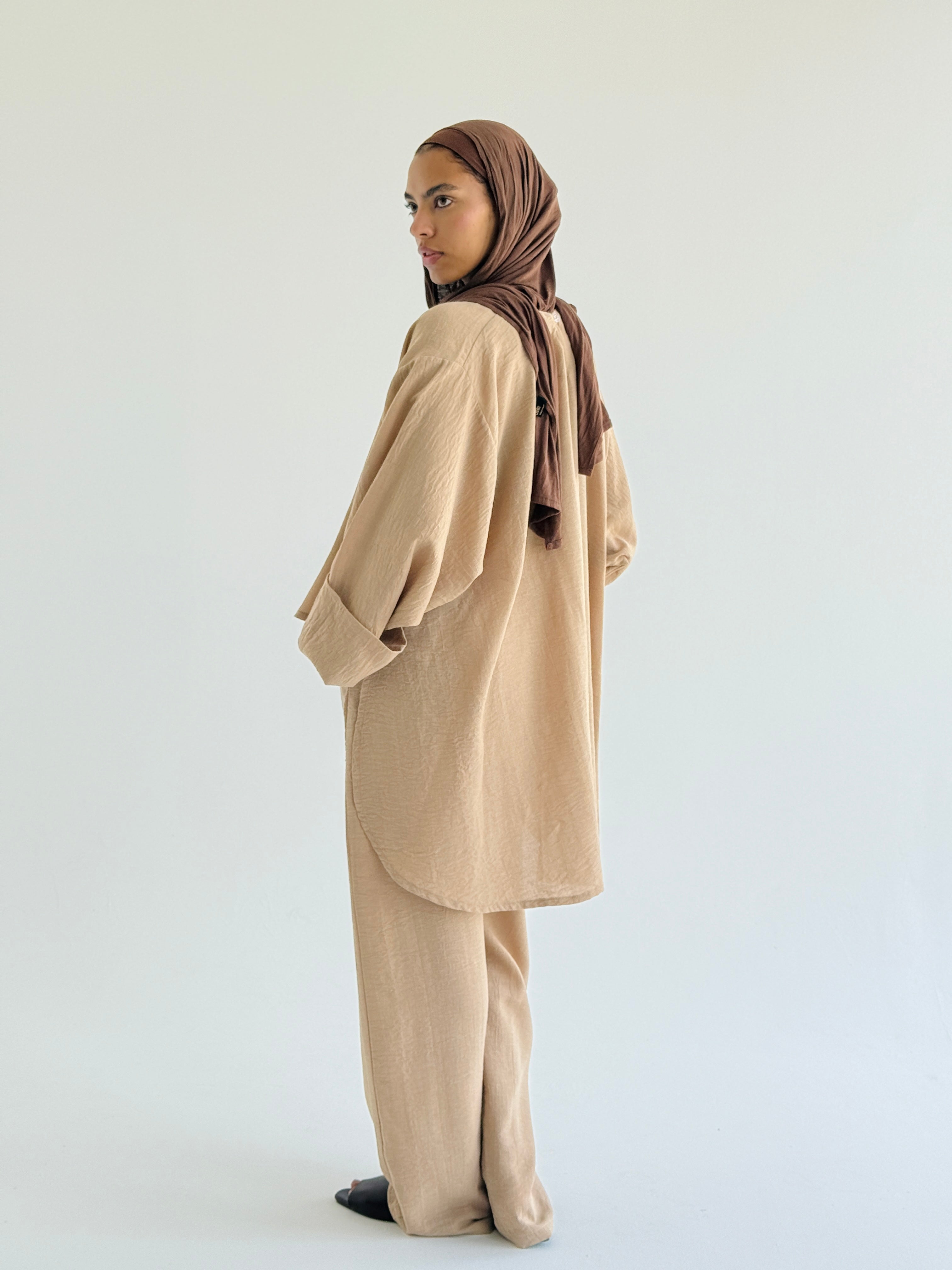 Beige High Low Linen Set