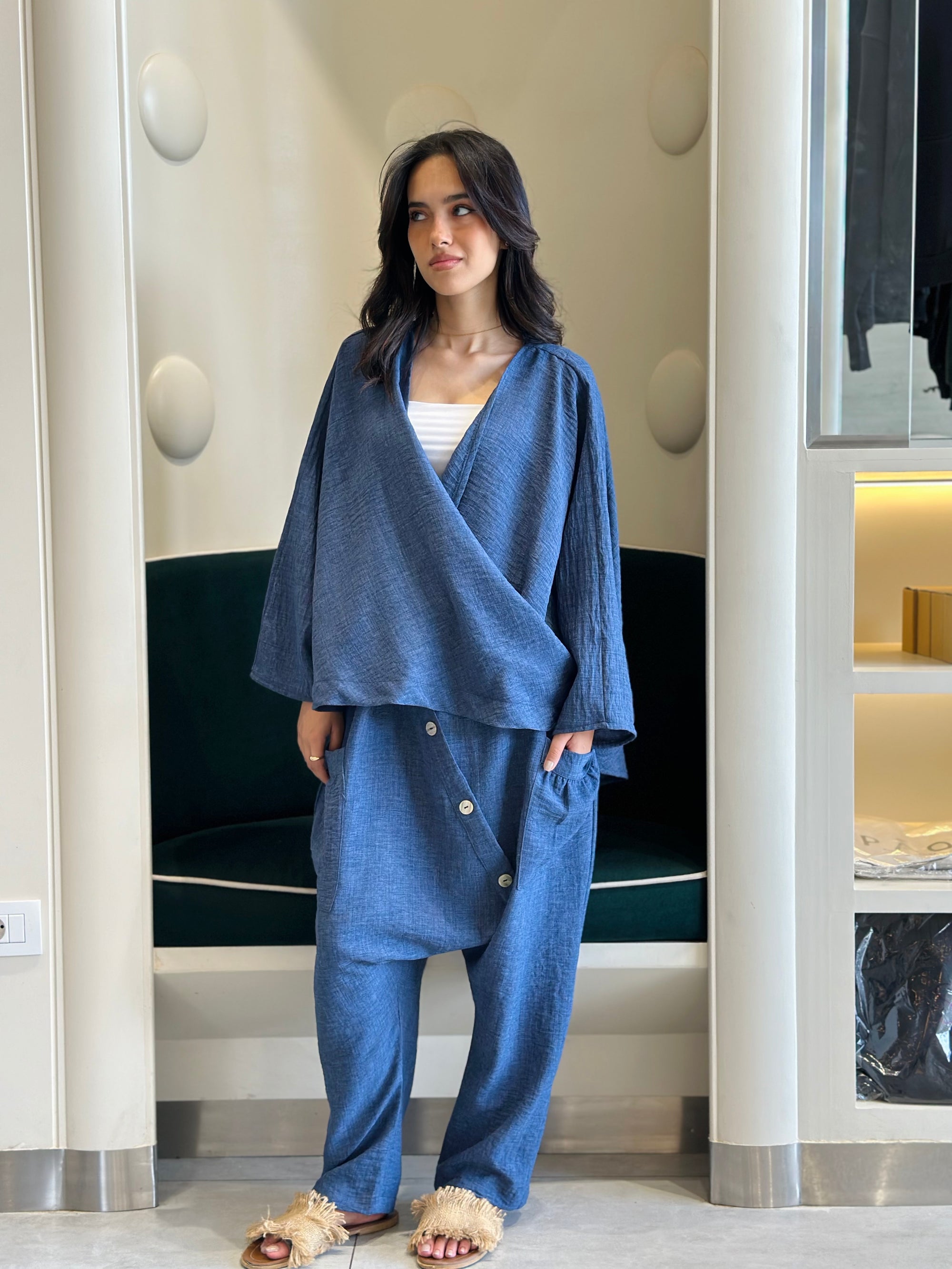 Blue Linen Harem Set