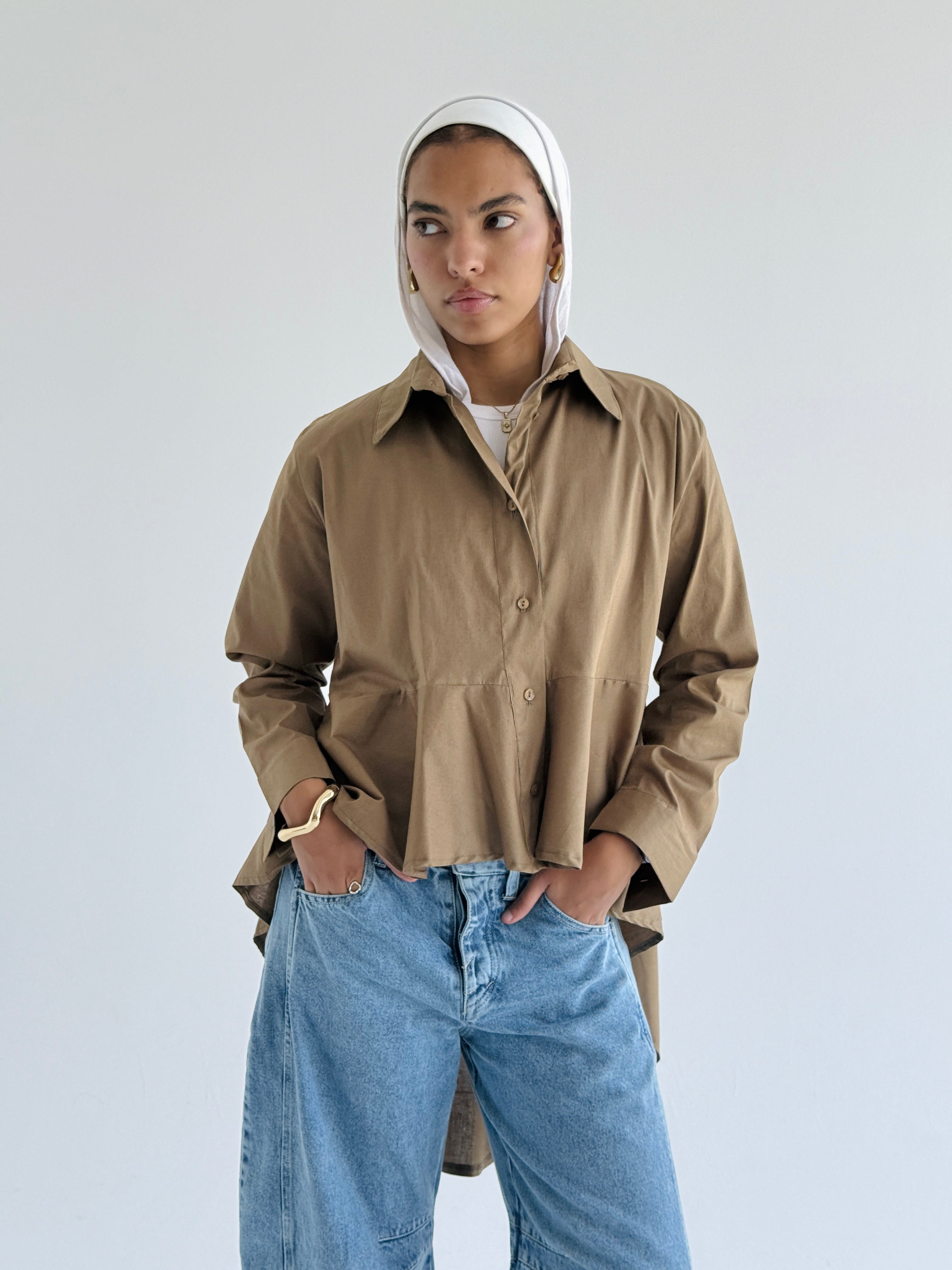 Brown Round Ruffled Poplin Shirt