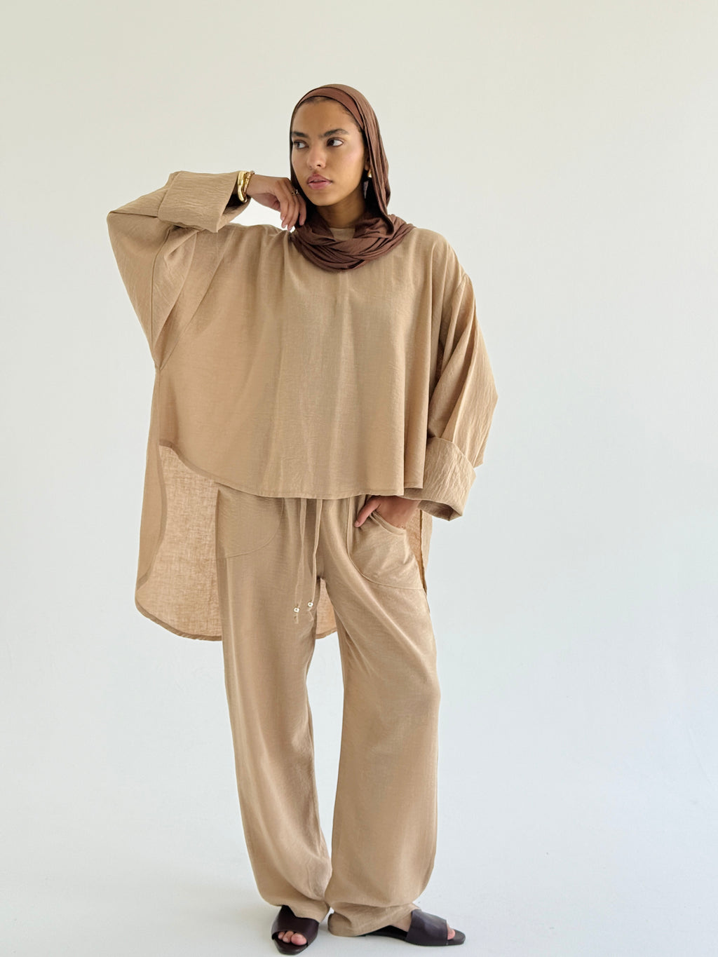 Beige High Low Linen Set