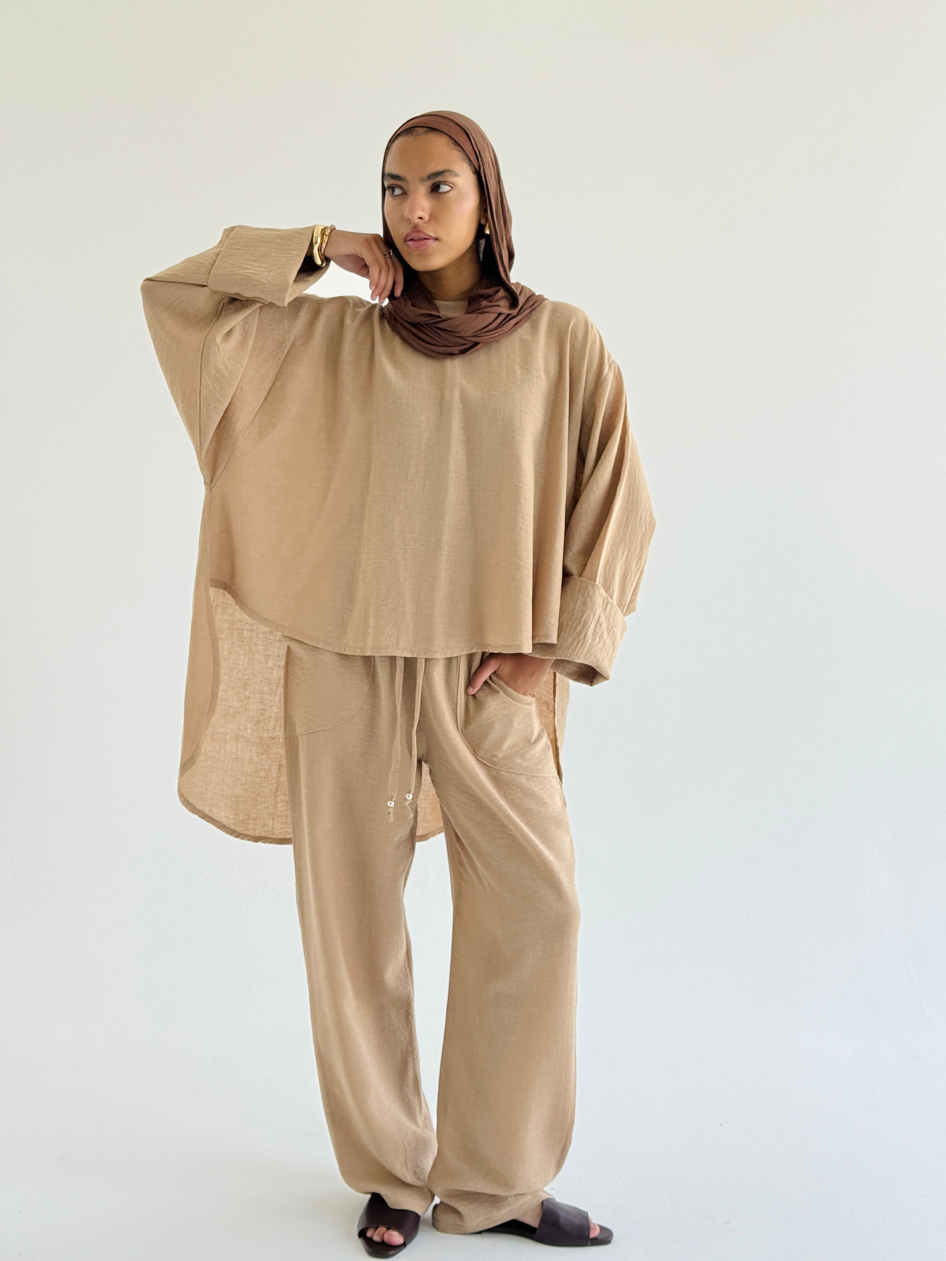 Beige High Low Linen Set