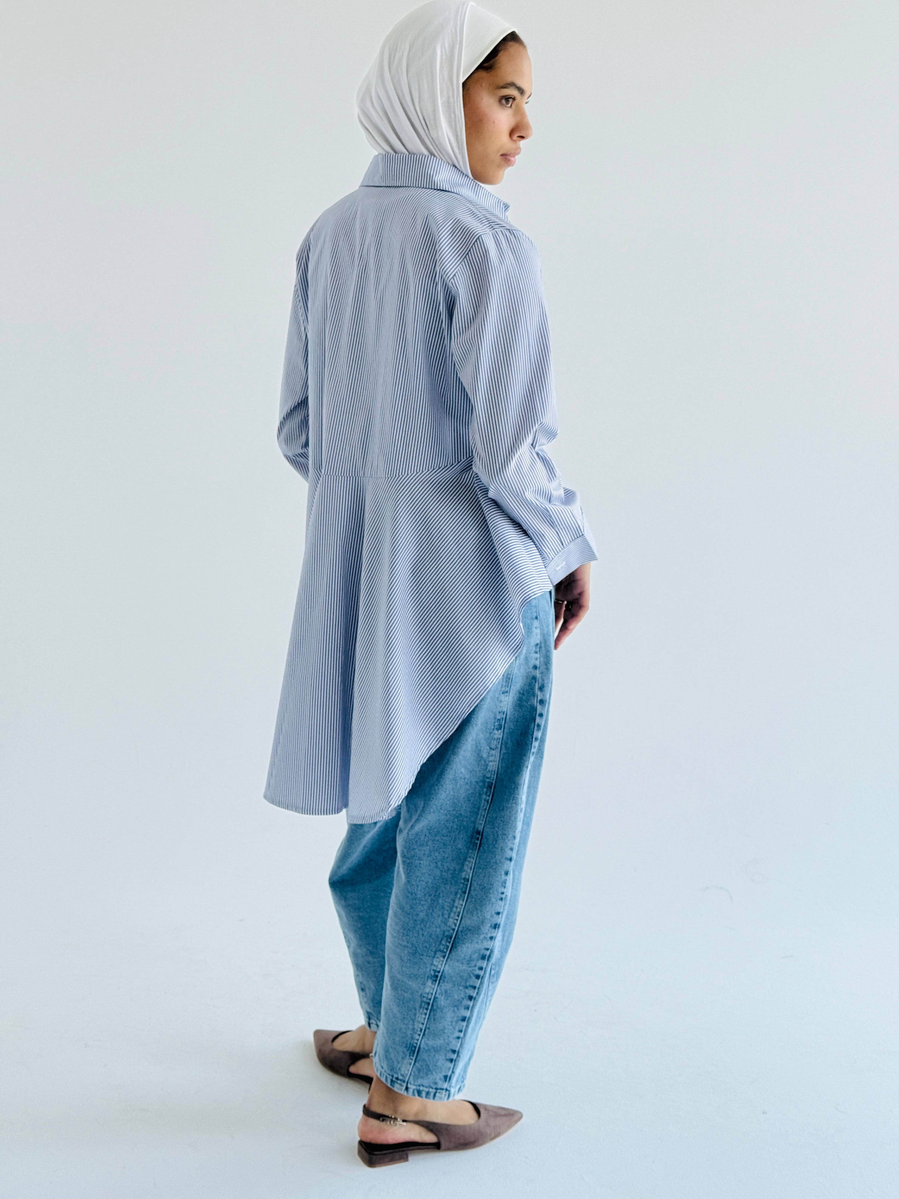 Striped Blue Round Ruffled Poplin Shirt