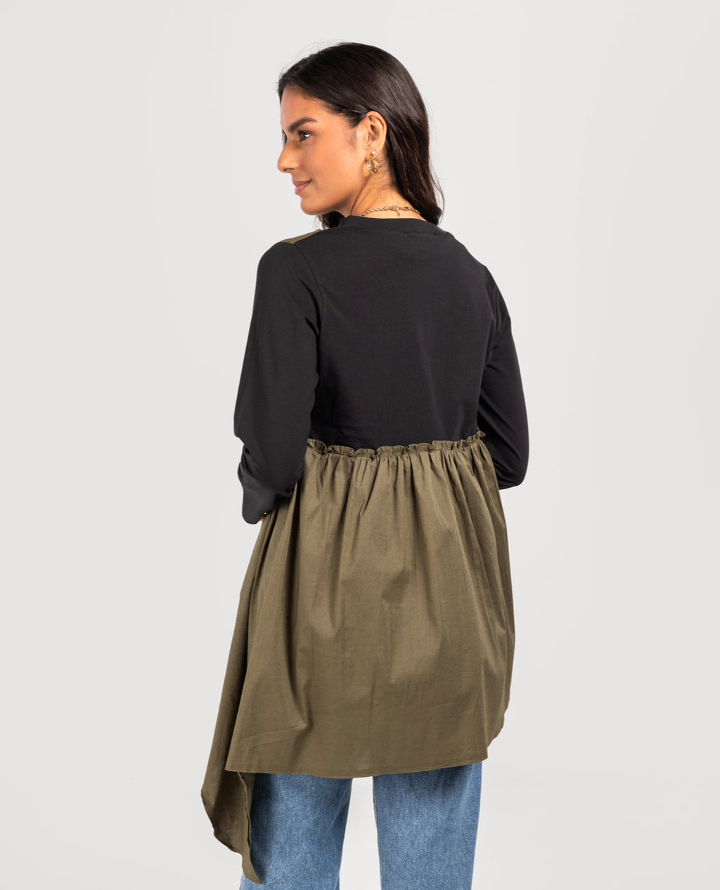 Black Cotton x Olive Poplin Layered Top