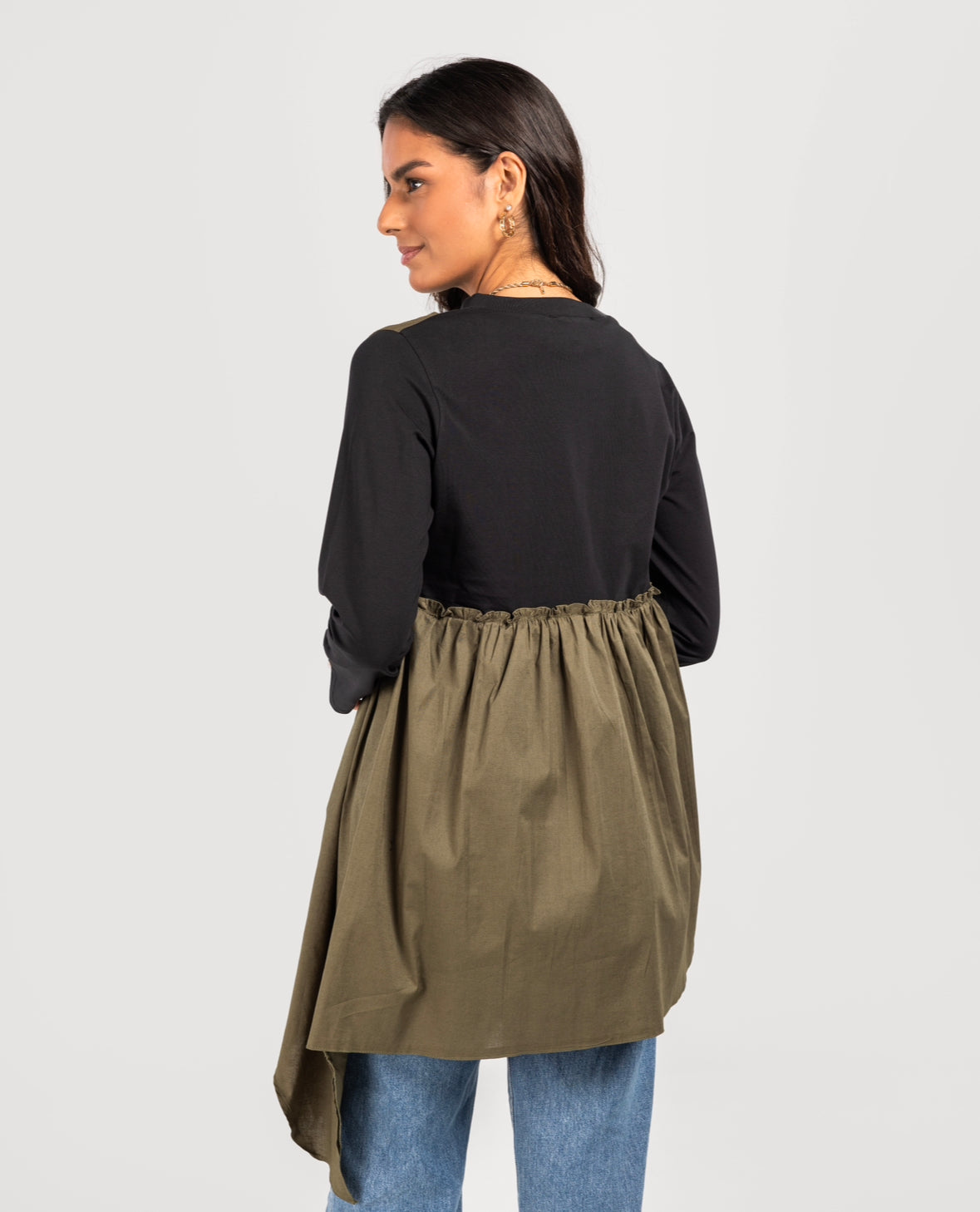 Black Cotton x Olive Poplin Layered Top