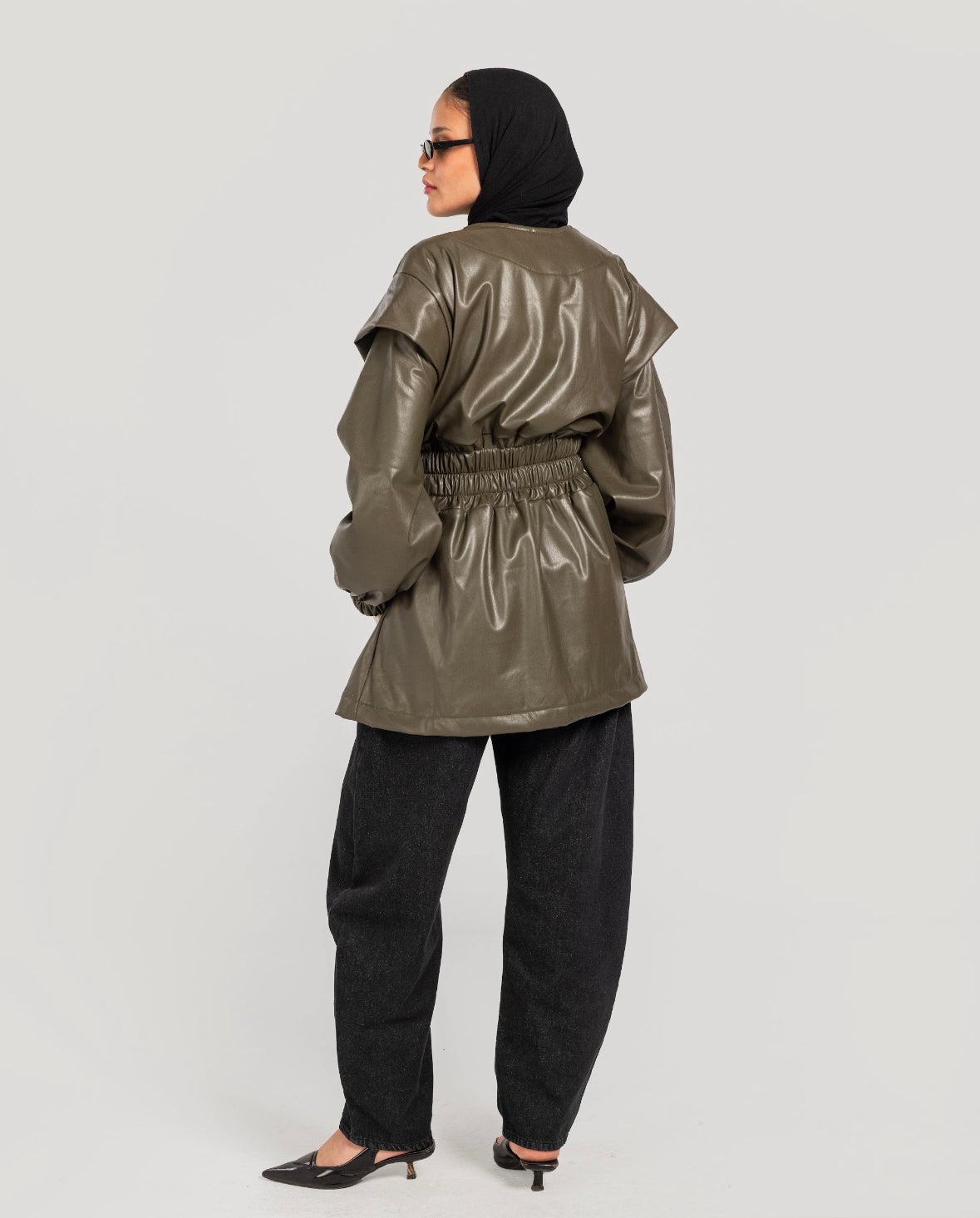 Olive Drop Shoulders Leather Jacket