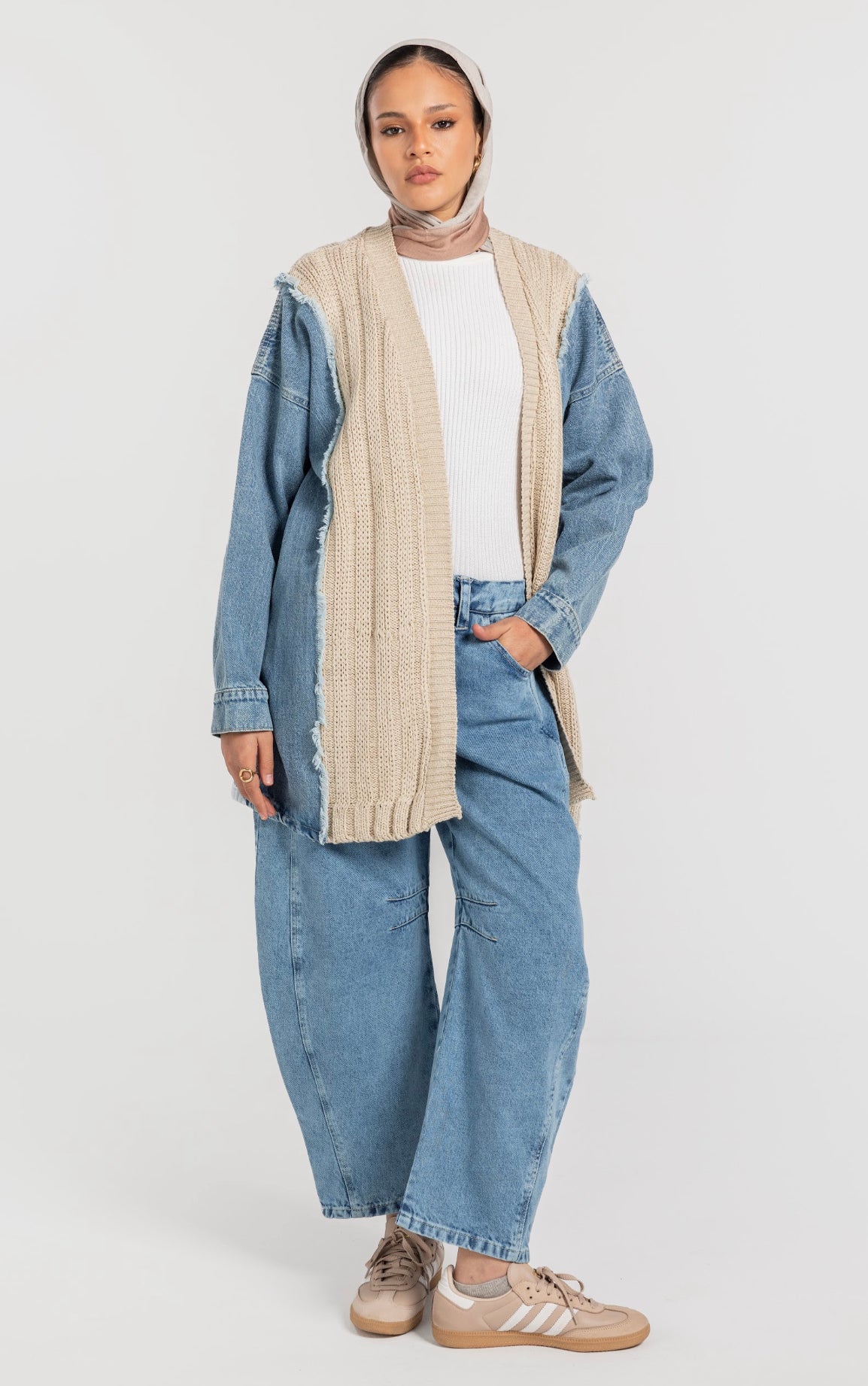 Beige Denim x Knit Cardigan