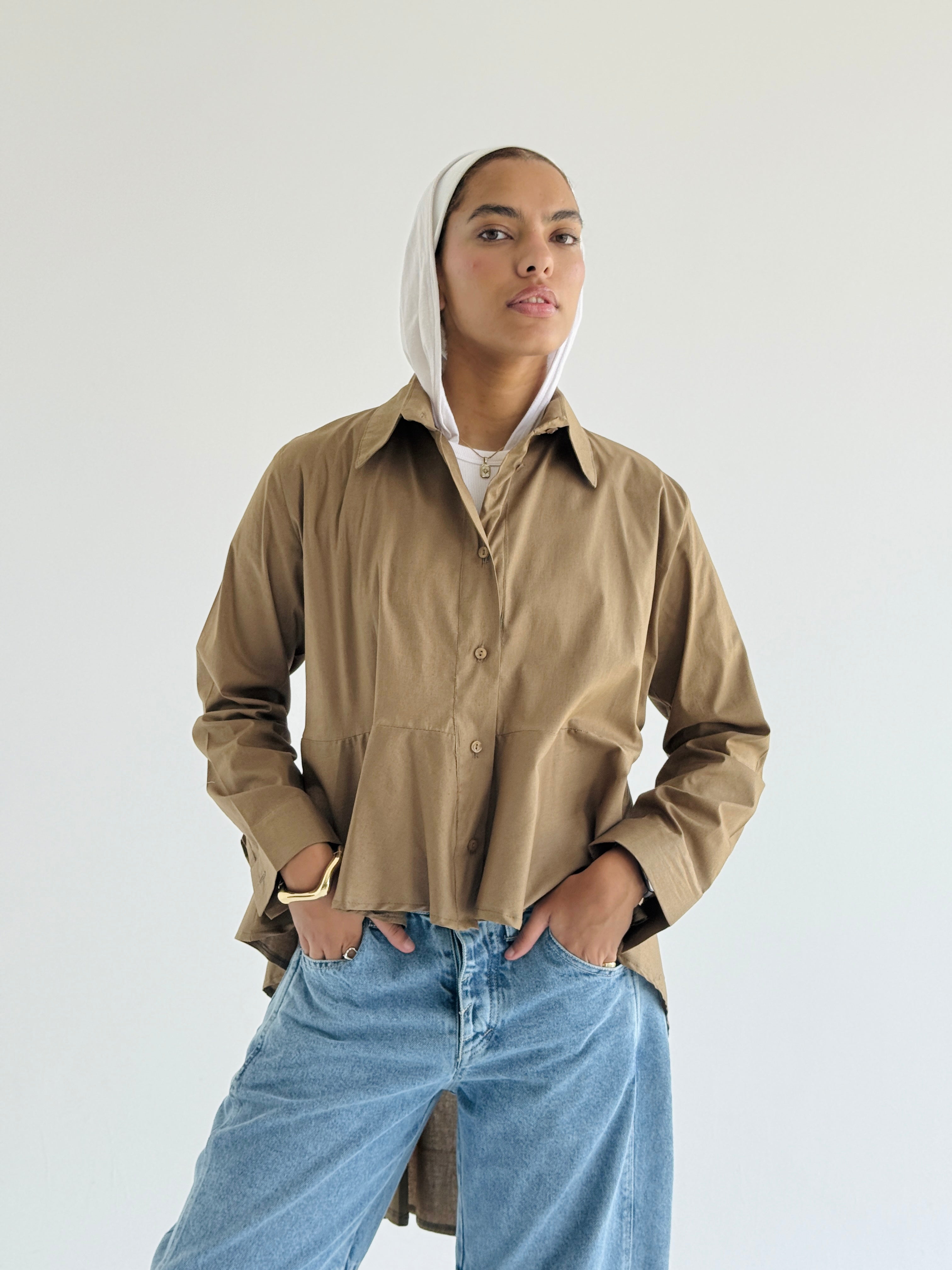 Brown Round Ruffled Poplin Shirt