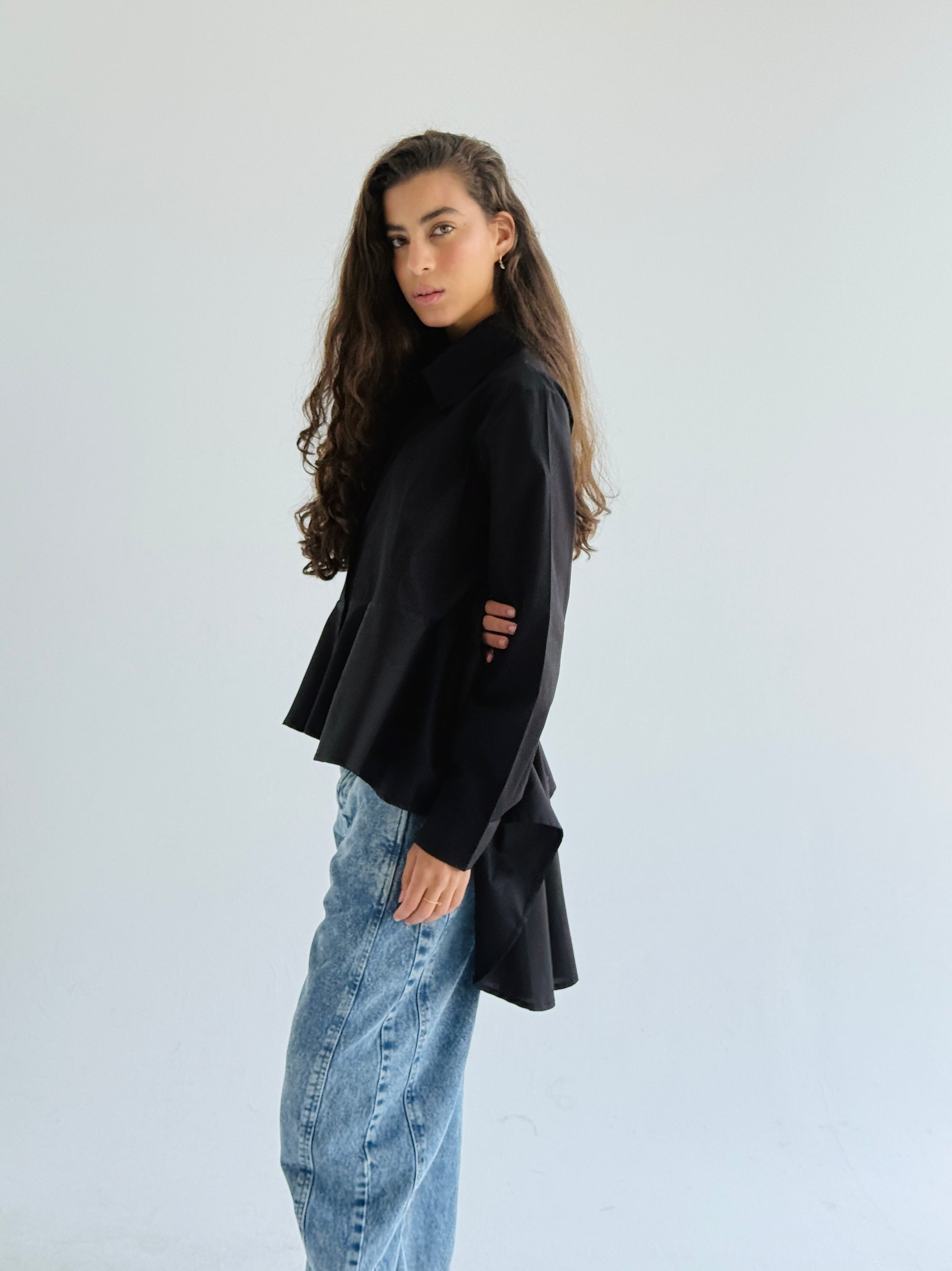 Black Round Ruffled Poplin Shirt