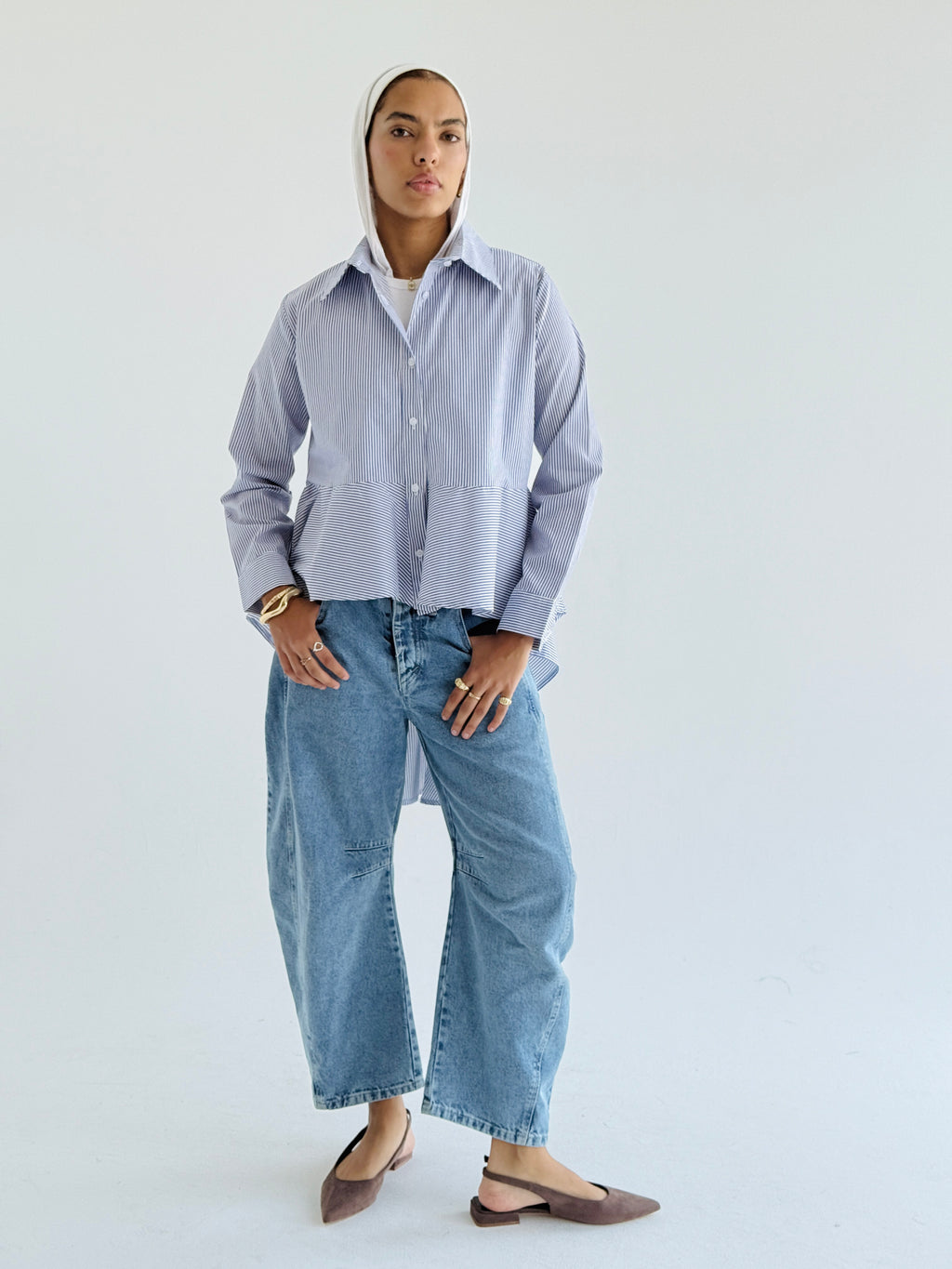 Striped Blue Round Ruffled Poplin Shirt