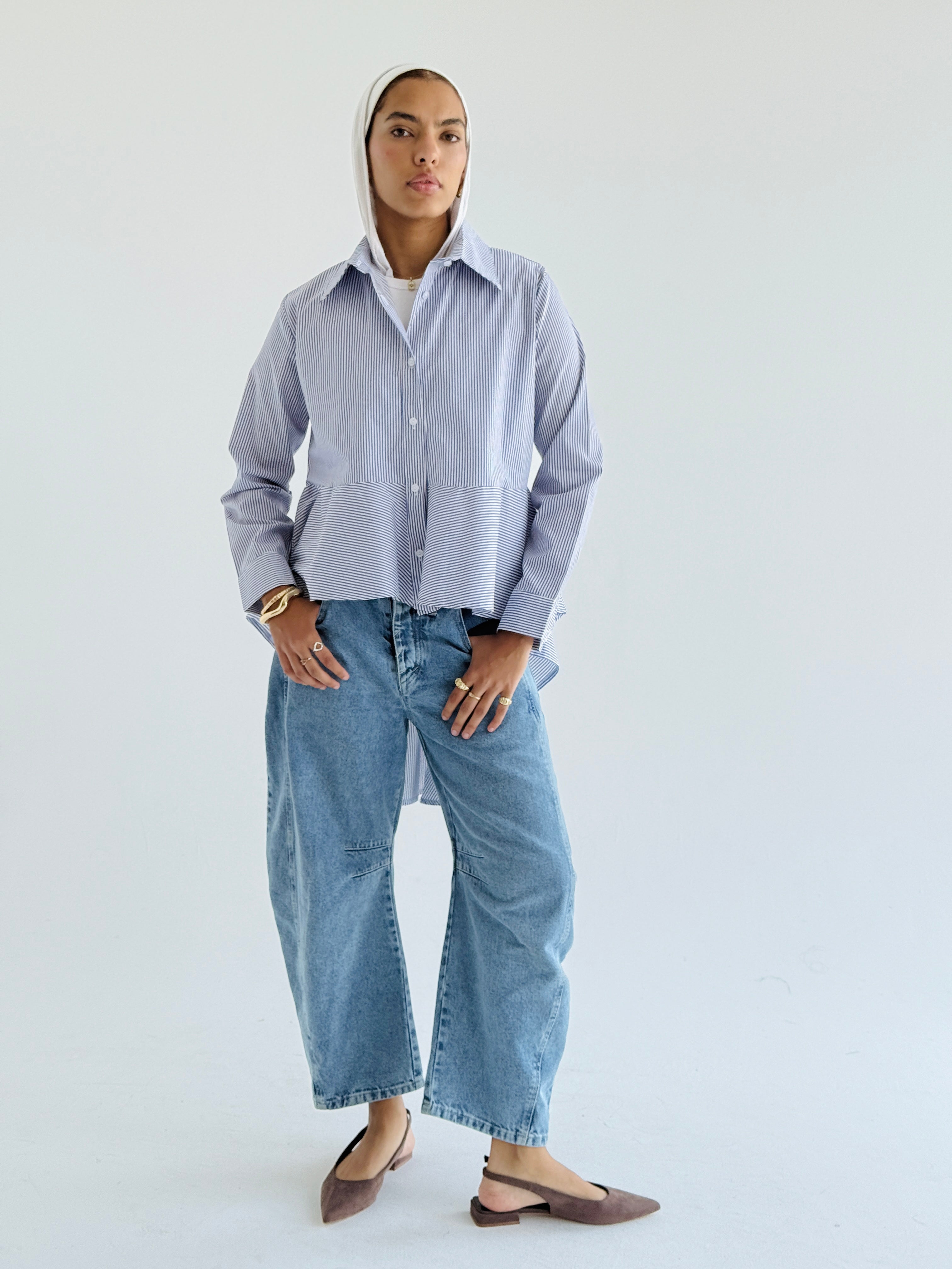 Striped Blue Round Ruffled Poplin Shirt