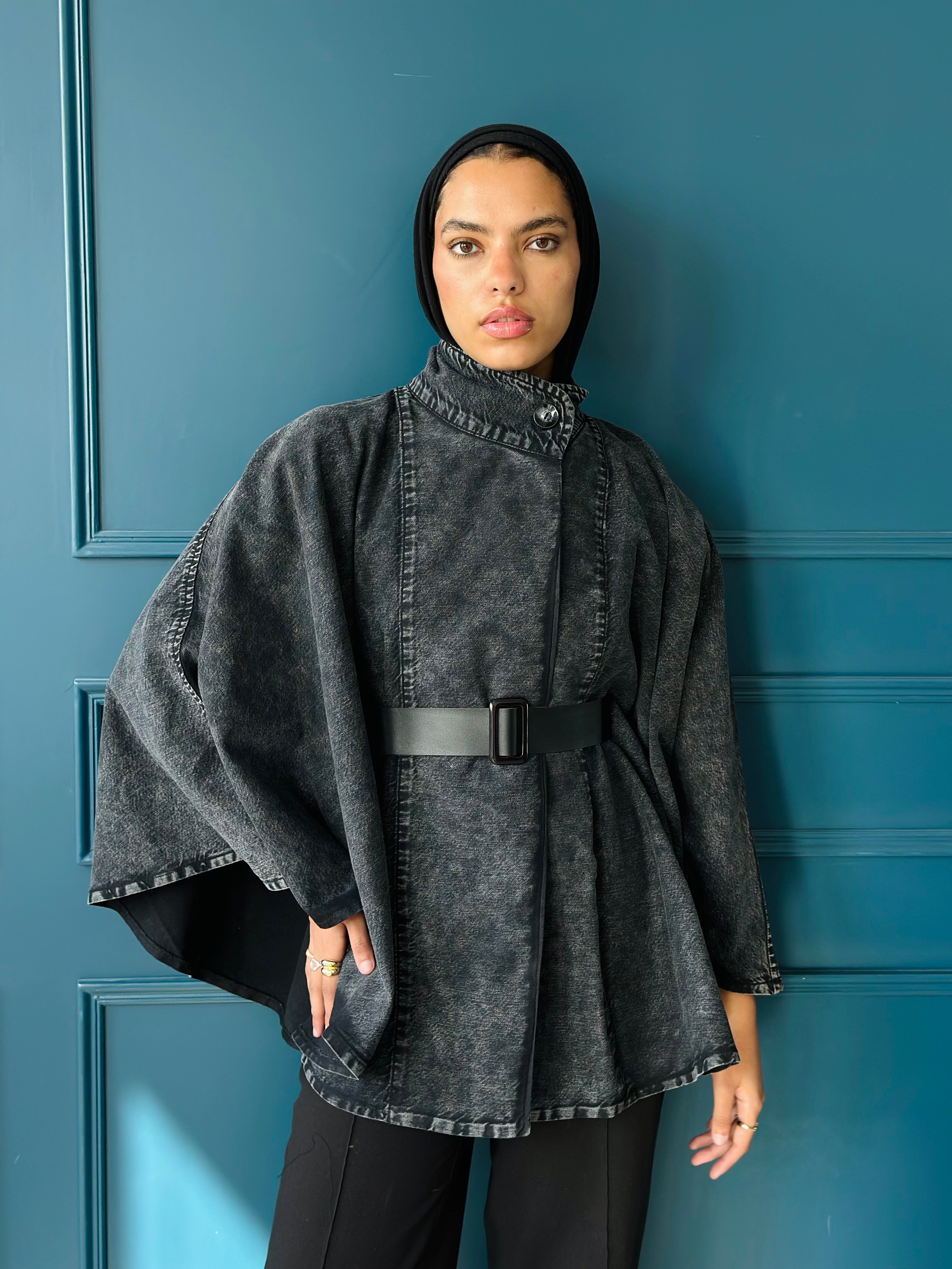 Washed Black Belted Denim Cape.