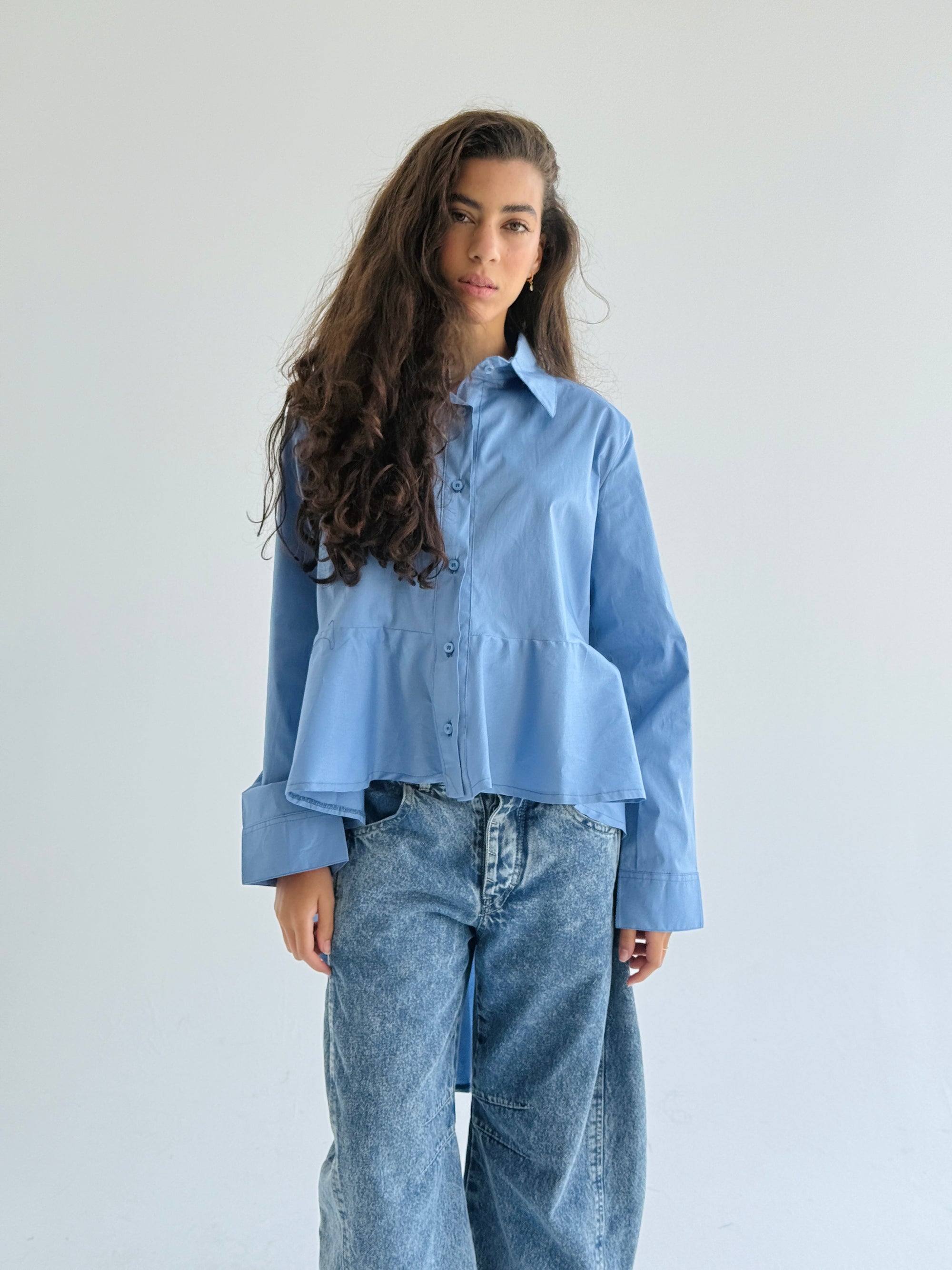 Blue Round Ruffled Poplin Shirt