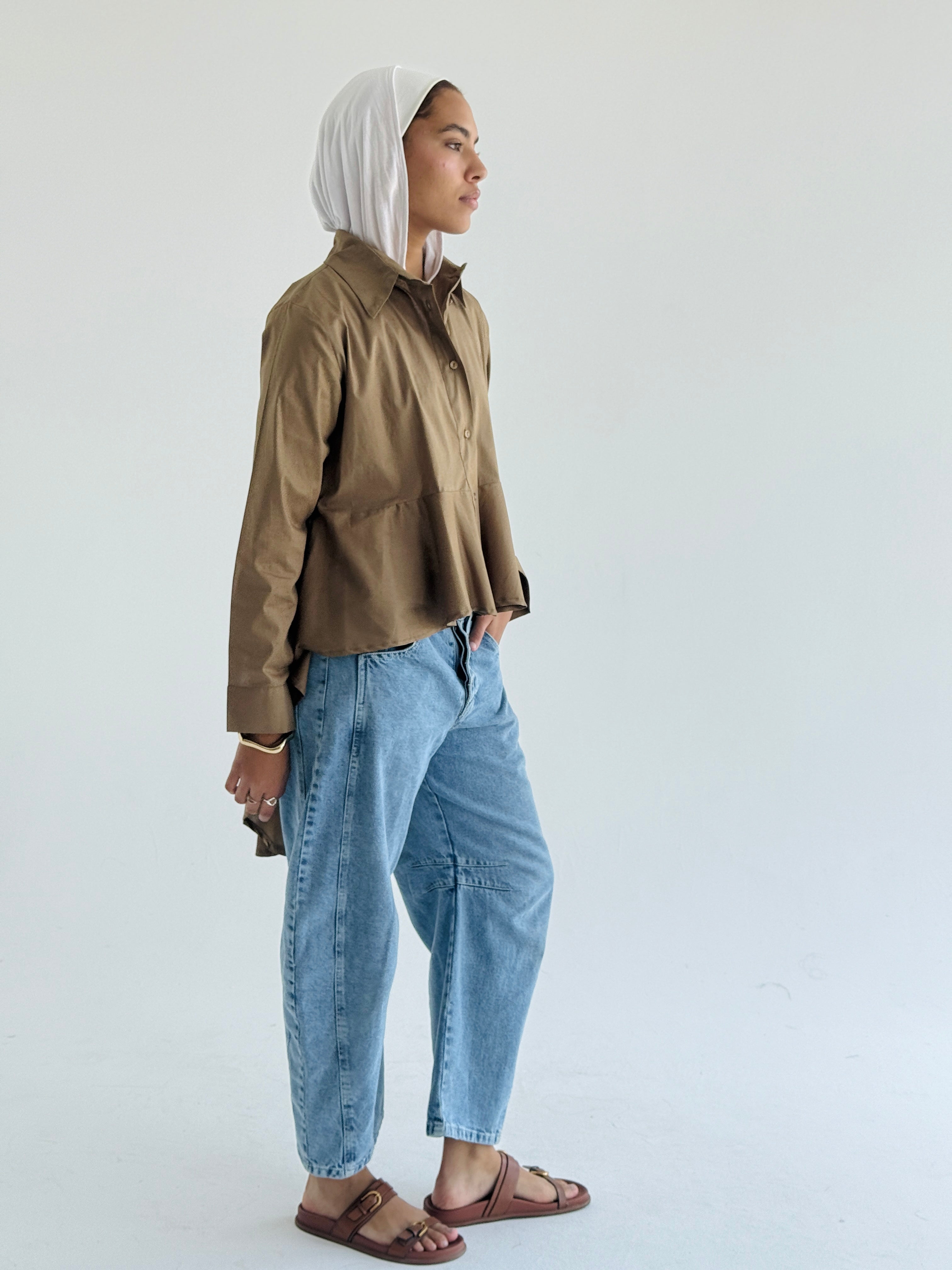 Brown Round Ruffled Poplin Shirt