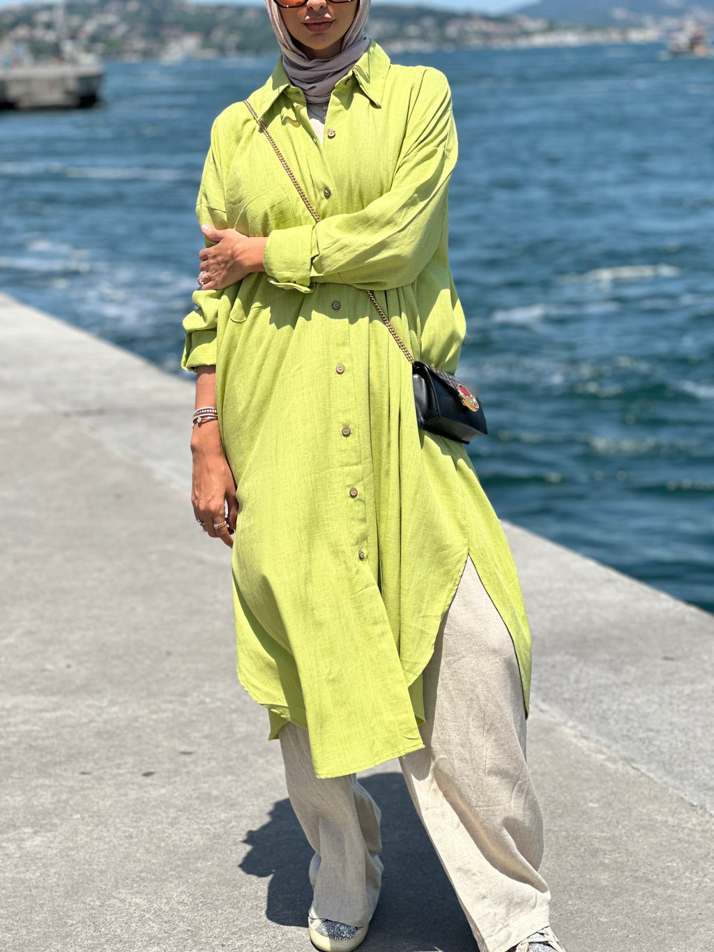 Lime Long Line Linen Shirt