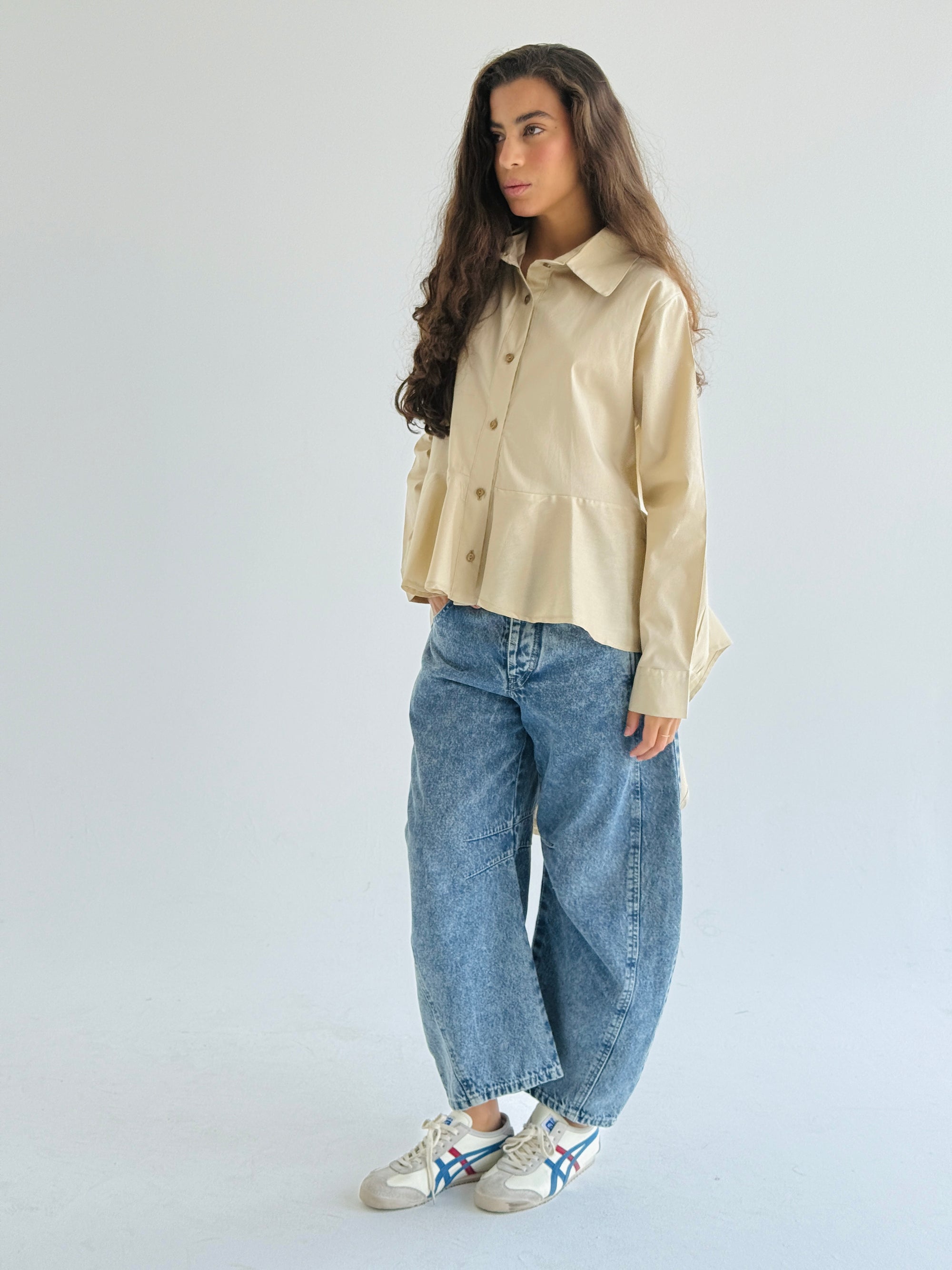 Beige Round Ruffled Poplin Shirt