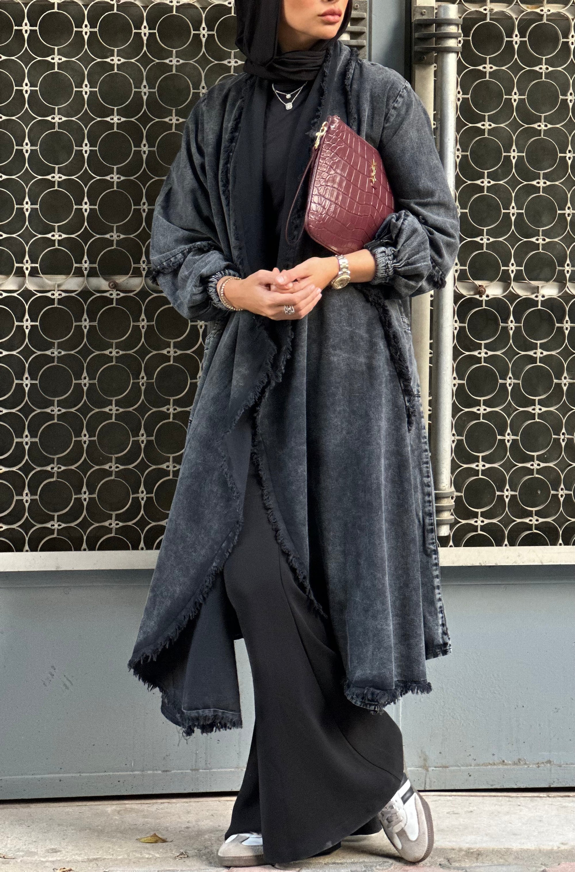 Washed Black Fringes Denim Cardigan
