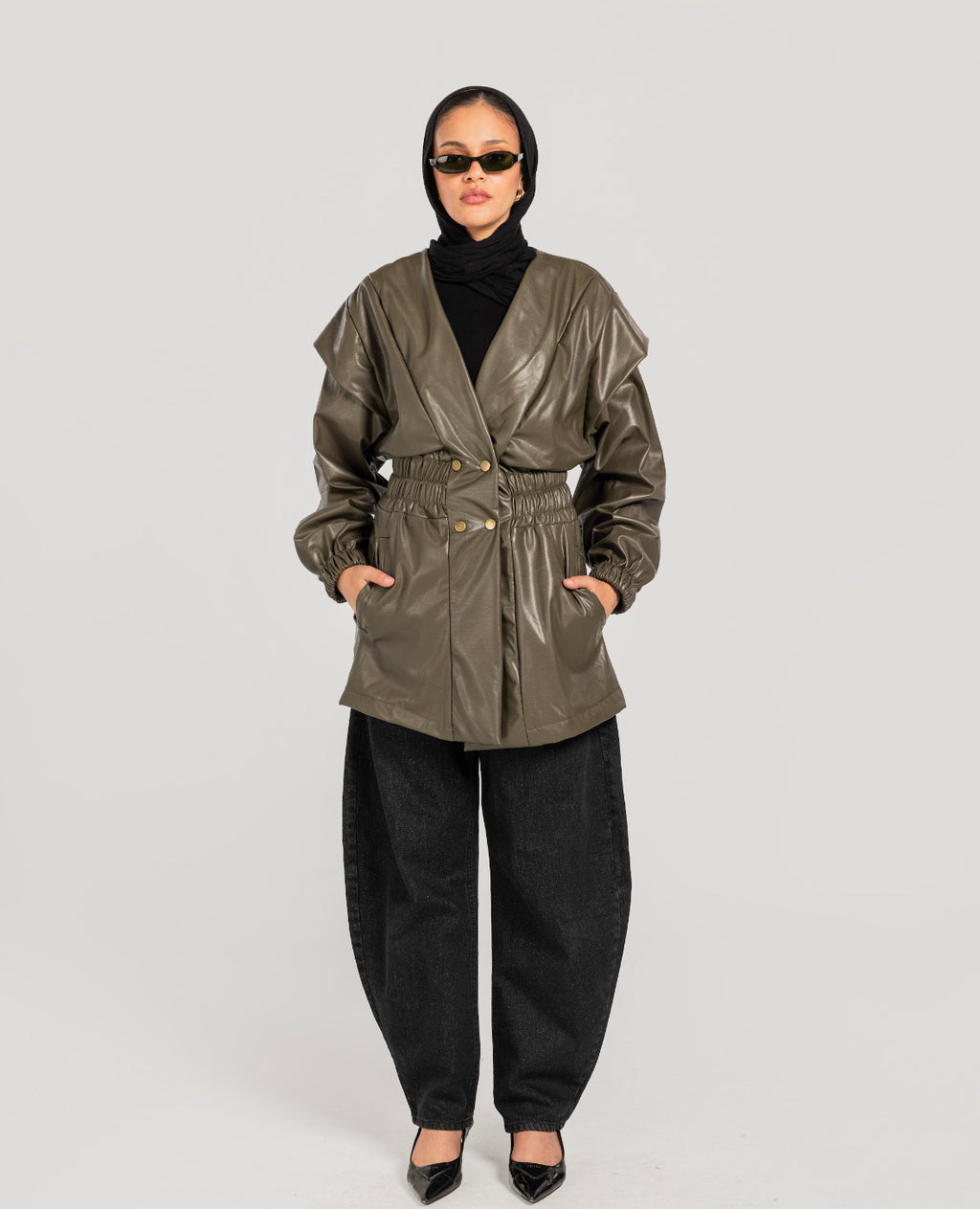 Olive Drop Shoulders Leather Jacket