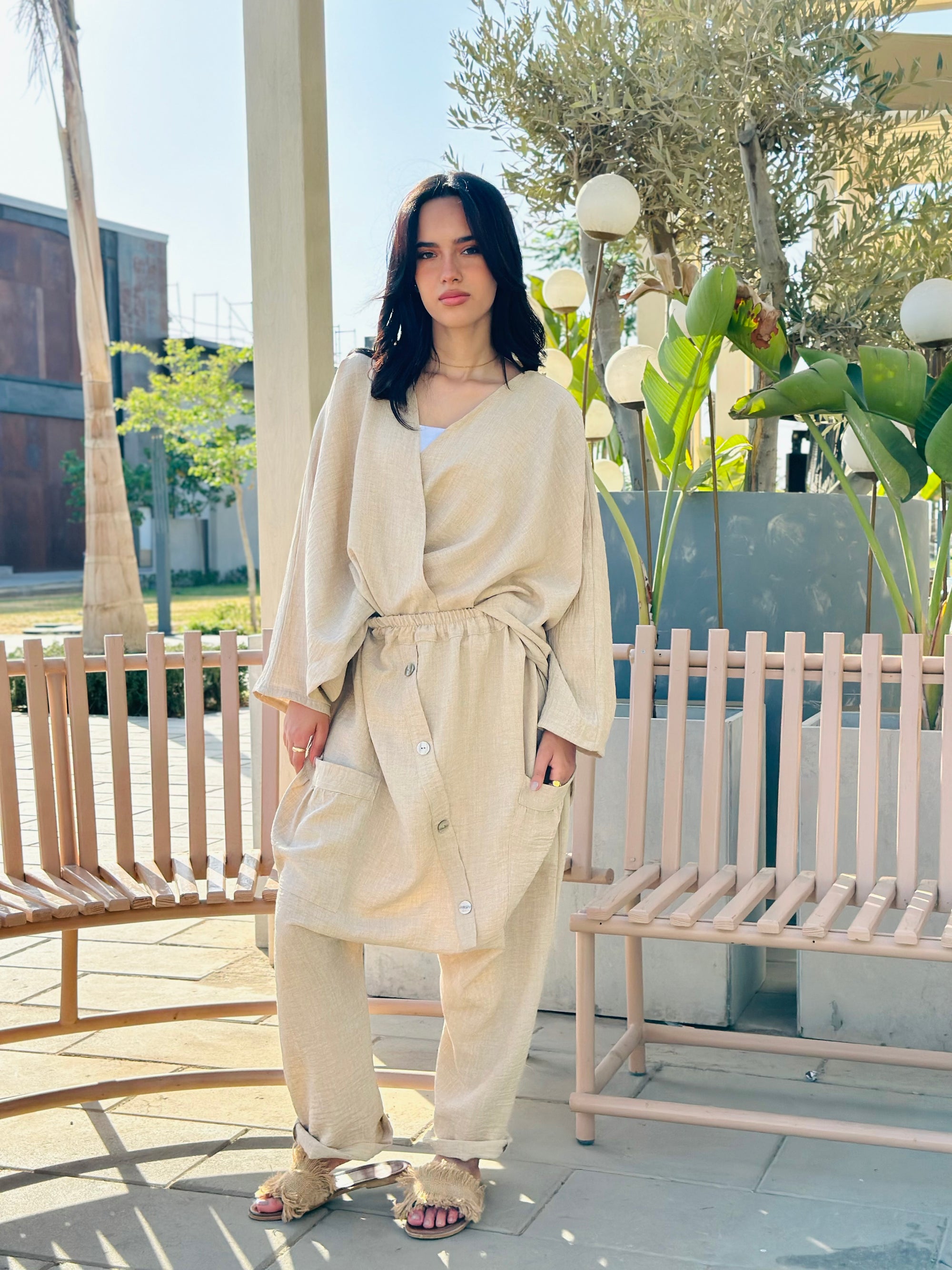Beige Linen Harem Set