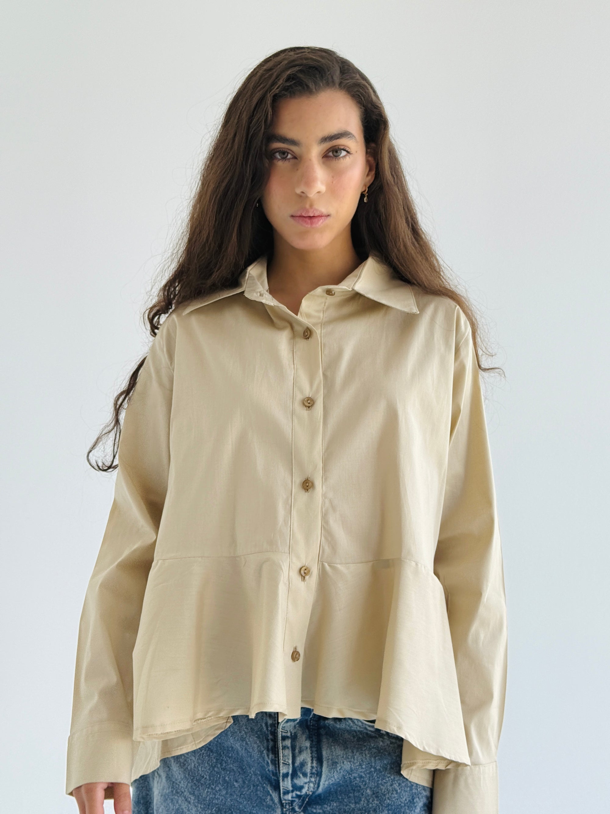 Beige Round Ruffled Poplin Shirt