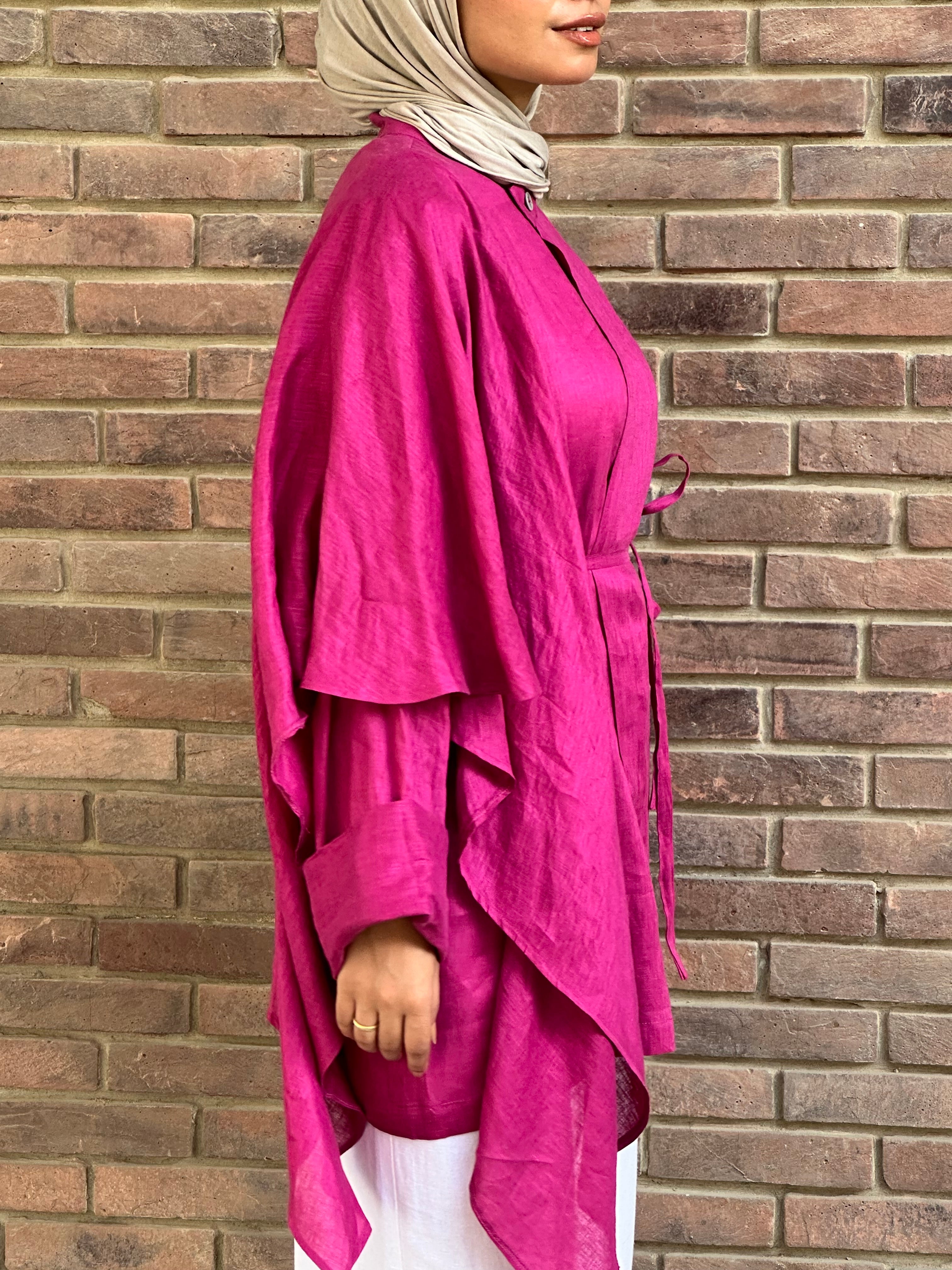 Fushia Side Ruffle Linen Shirt