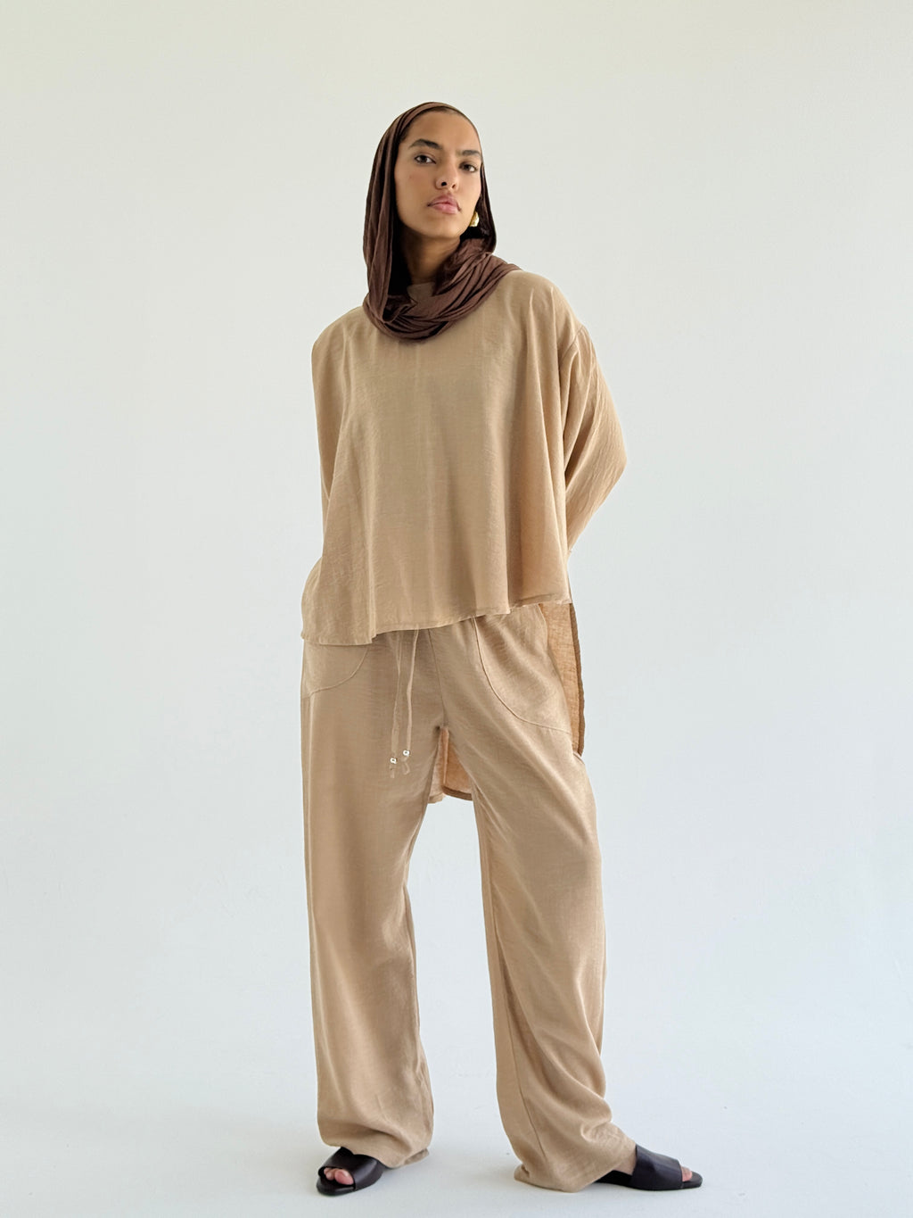 Beige High Low Linen Set