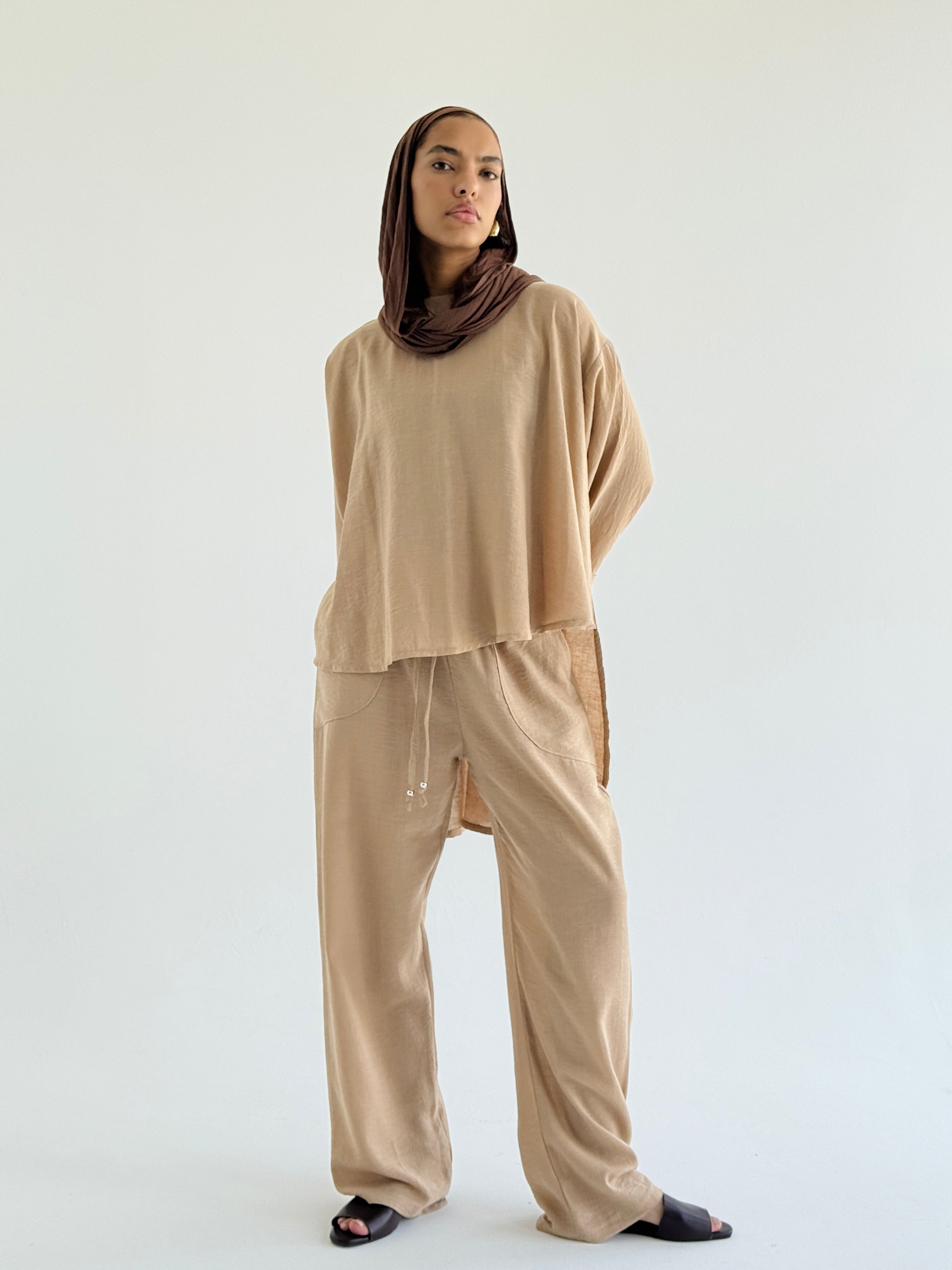 Beige High Low Linen Set